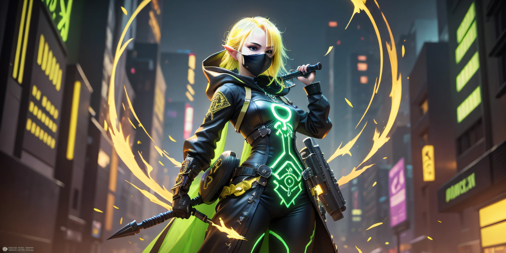 A full-body shot of Princess Zelda, yellow hair, yellow eyes, dressed as a Trudy from the matrix in black+neon green with a black mask and hood with green details, XL bust, holding a flaming Kunai attached to a chain. Background: Cybercity created in the Matrix at night. Unreal Engine 5, Anime, Anime style, Masterpiece, Well drawn eyes, well drawn face, well detailed eyes, well detailed face, 8k, light and shadow effect. --auto --s2