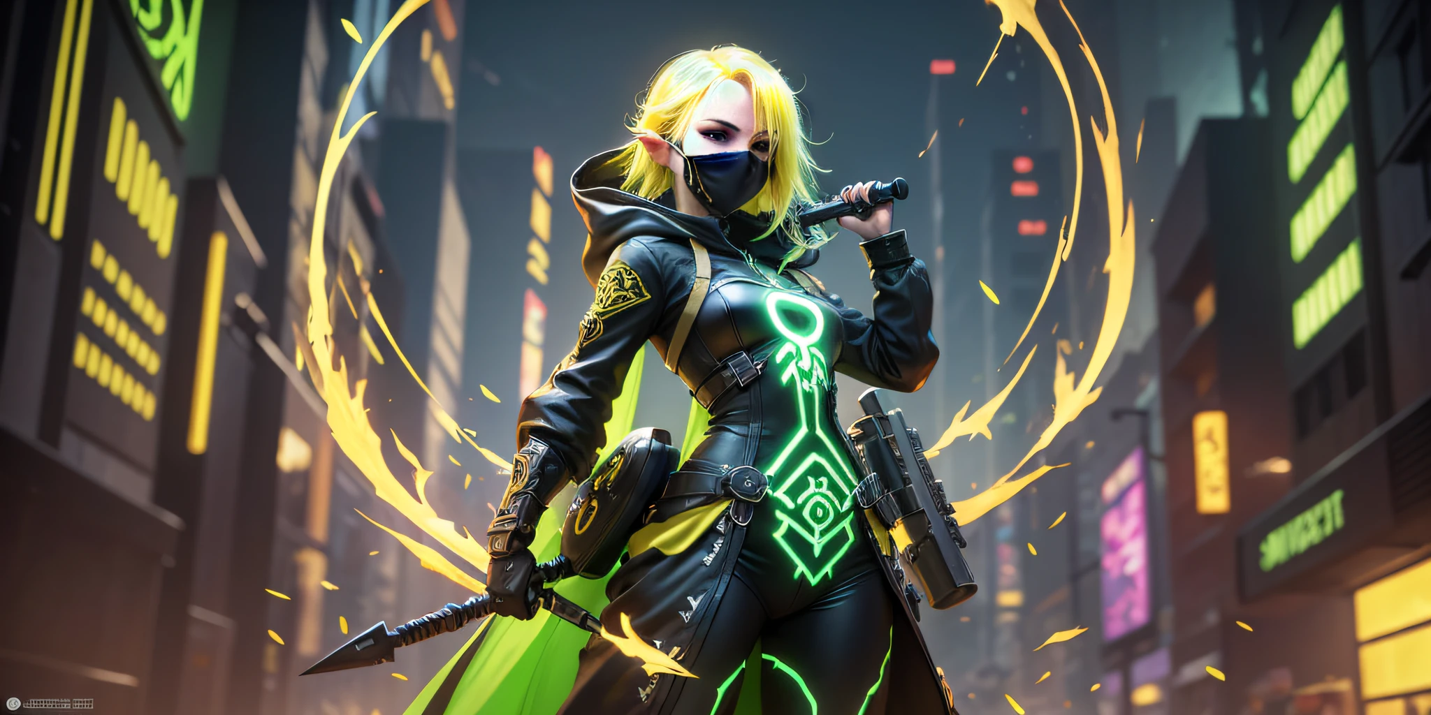 A full-body shot of Princess Zelda, yellow hair, yellow eyes, dressed as a Trudy from the matrix in black+neon green with a black mask and hood with green details, XL bust, holding a flaming Kunai attached to a chain. Background: Cybercity created in the Matrix at night. Unreal Engine 5, Anime, Anime style, Masterpiece, Well drawn eyes, well drawn face, well detailed eyes, well detailed face, 8k, light and shadow effect. --auto --s2