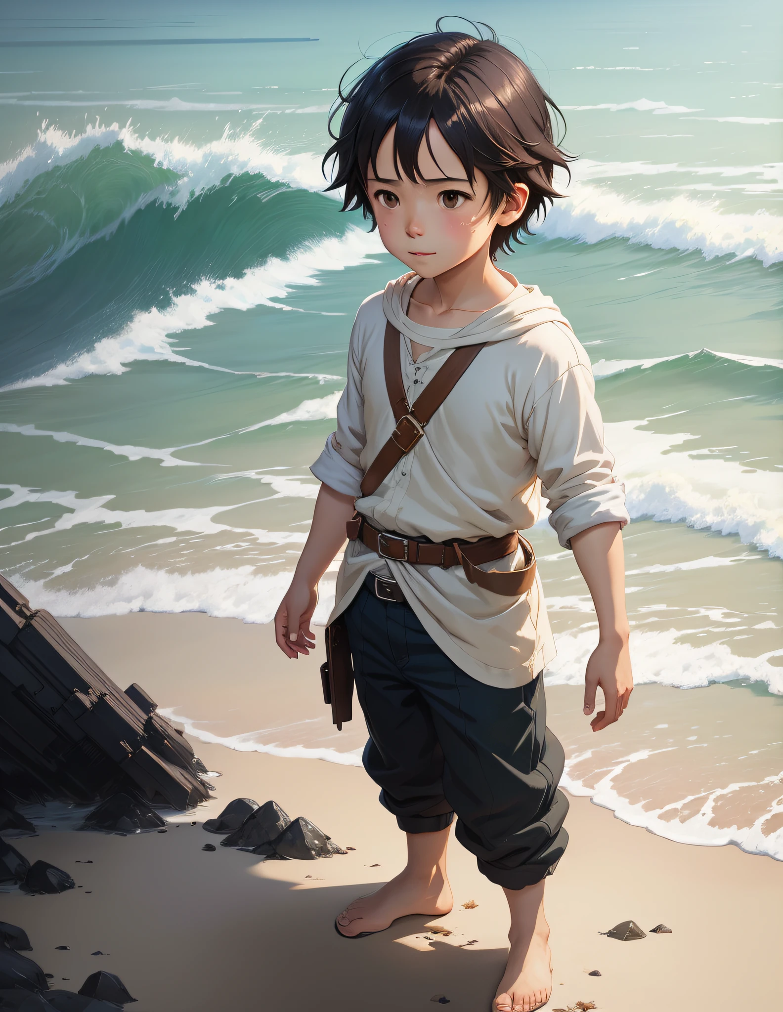 A happy little boy playing with toys on the beach, simple art inspired by studio ghibli's visual style, Baroque oil painting anime key visual full body portrait character concept art, brutalist grimdark fantasy, kuudere noble dictator, trending pixiv fanbox, rule of thirds golden ratio, by greg rutkowski wlop makoto shinkai takashi takeuchi studio ghibli jamie wyeth