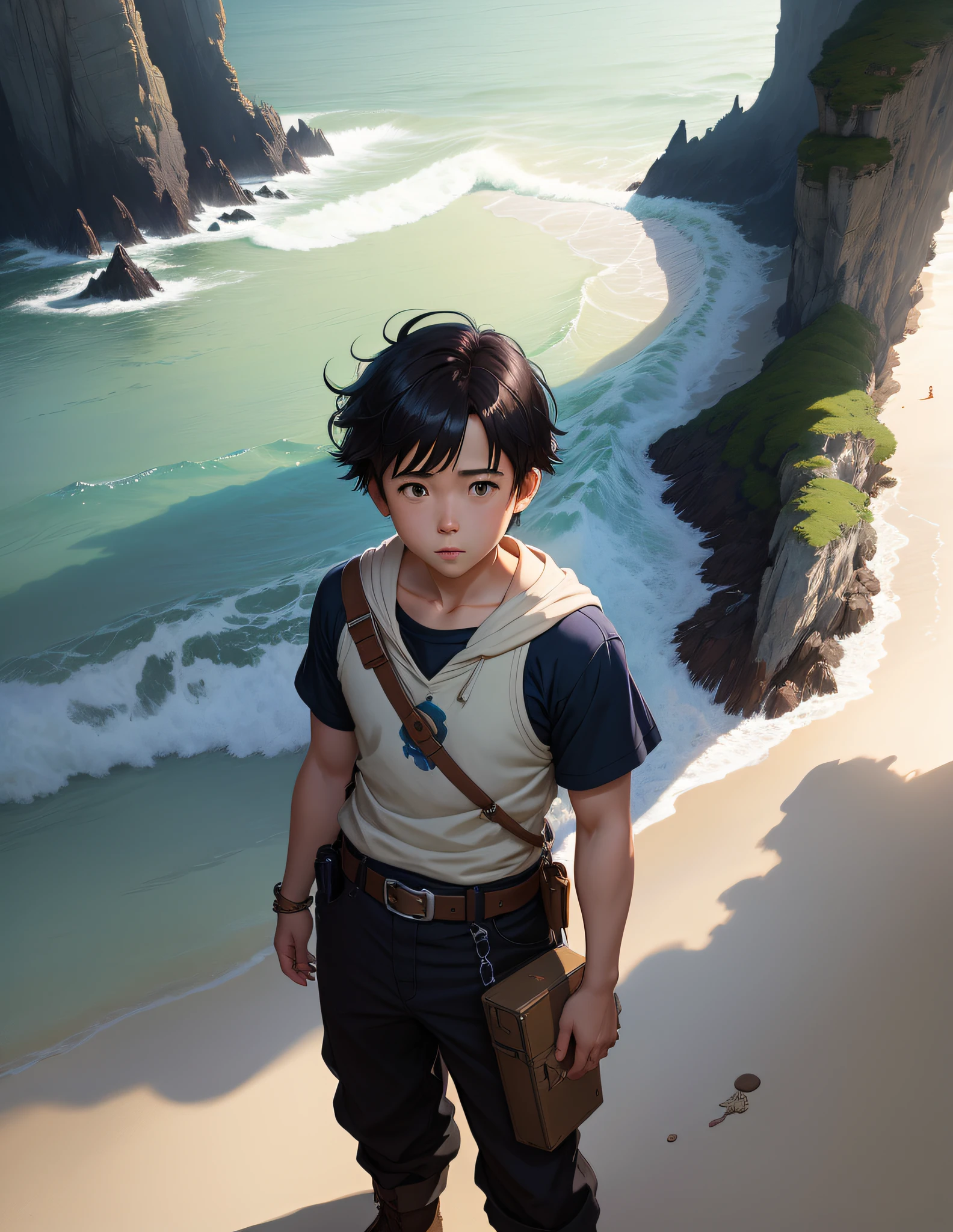 A happy little boy playing with toys on the beach, simple art inspired by studio ghibli's visual style, Baroque oil painting anime key visual full body portrait character concept art, brutalist grimdark fantasy, kuudere noble dictator, trending pixiv fanbox, rule of thirds golden ratio, by greg rutkowski wlop makoto shinkai takashi takeuchi studio ghibli jamie wyeth