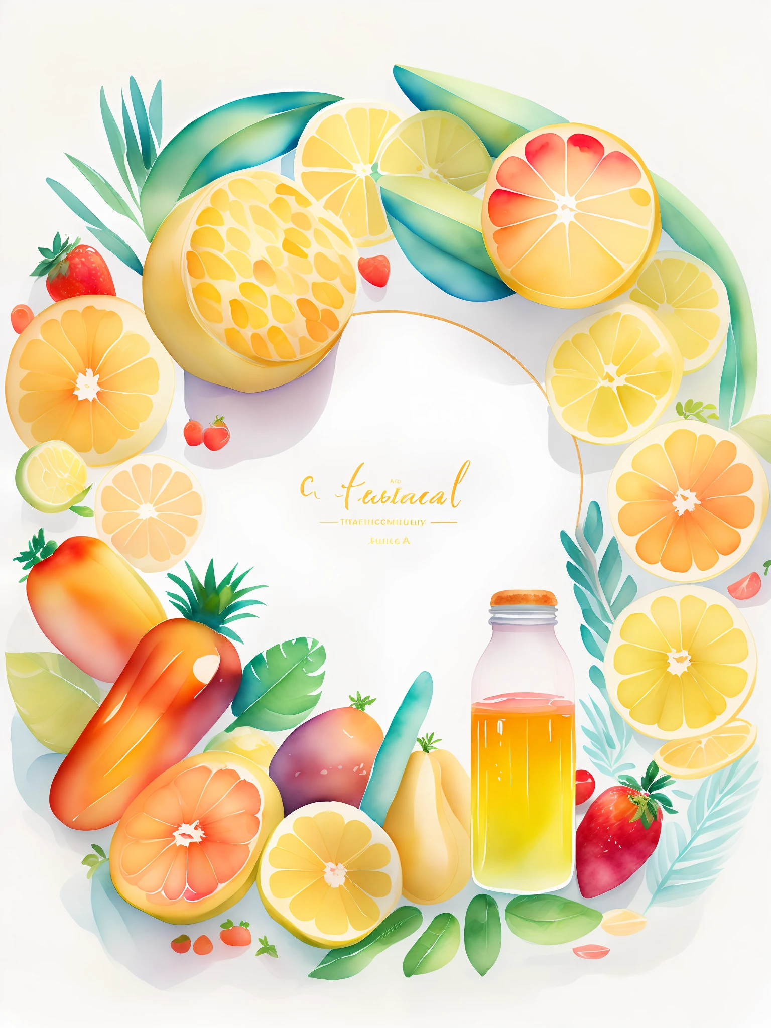 beautiful composition forming a circle centered in the white background, tropical sliced fruits, breads with knife and jelly, juice in a jar, jelly in a bottle, at a park, clipart, watercolor, trend on artstation, cozy background, space for text, design rules