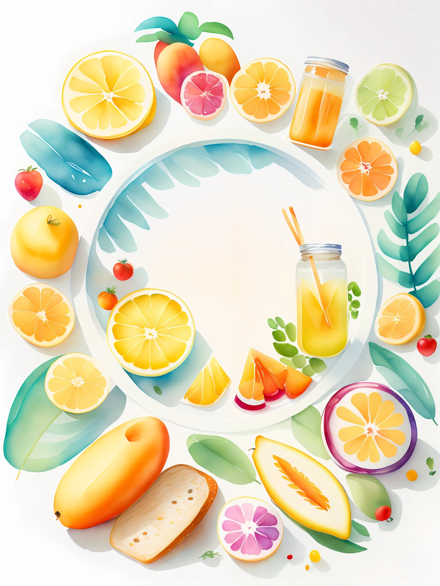 beautiful composition forming a circle centered in the white background, tropical sliced fruits, breads with knife and jelly, juice in a jar, jelly in a bottle, at a park, clipart, watercolor, trend on artstation, cozy background, space for text, design rules