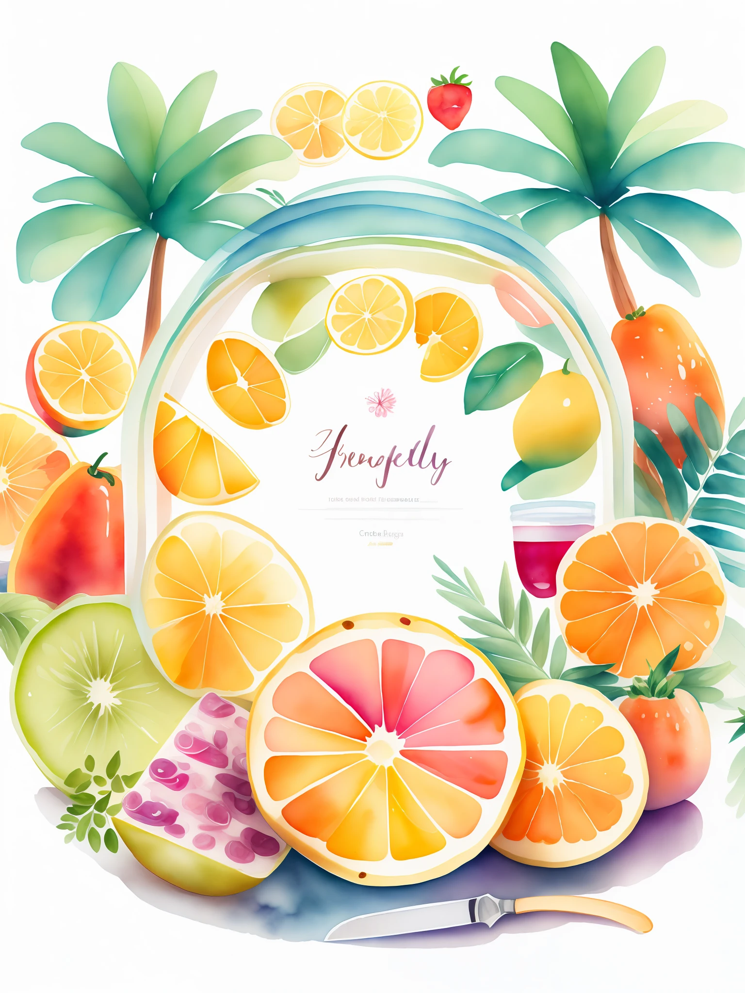 beautiful composition forming a circle centered in the white background, tropical sliced fruits, breads with knife and jelly, juice in a jar, jelly in a bottle, at a park, clipart, lose watercolor, trend on artstation, cozy background, space for text, design rules