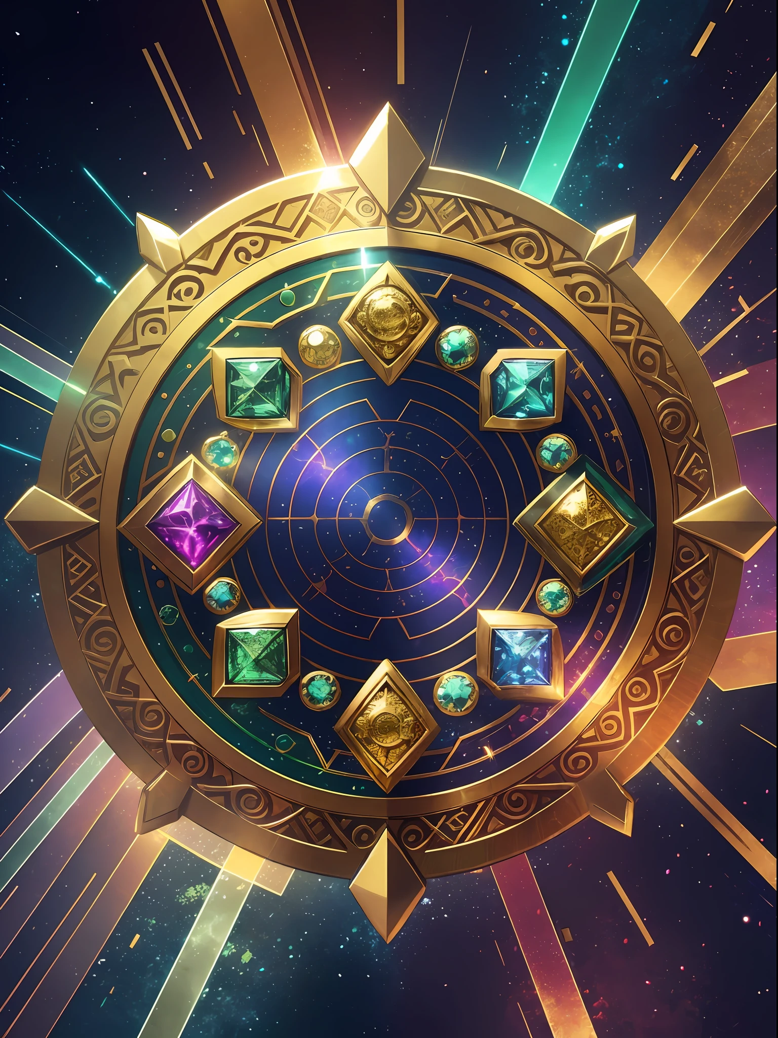 An illustration of a time stone from the Marvel movie Avengers. The stone is green and has a circular shape. It is encrusted in a golden medallion that has a symbol of a hexagon with six radial lines. The stone is able to manipulate the flow of time, reversing or accelerating events, 8k, --auto --s2