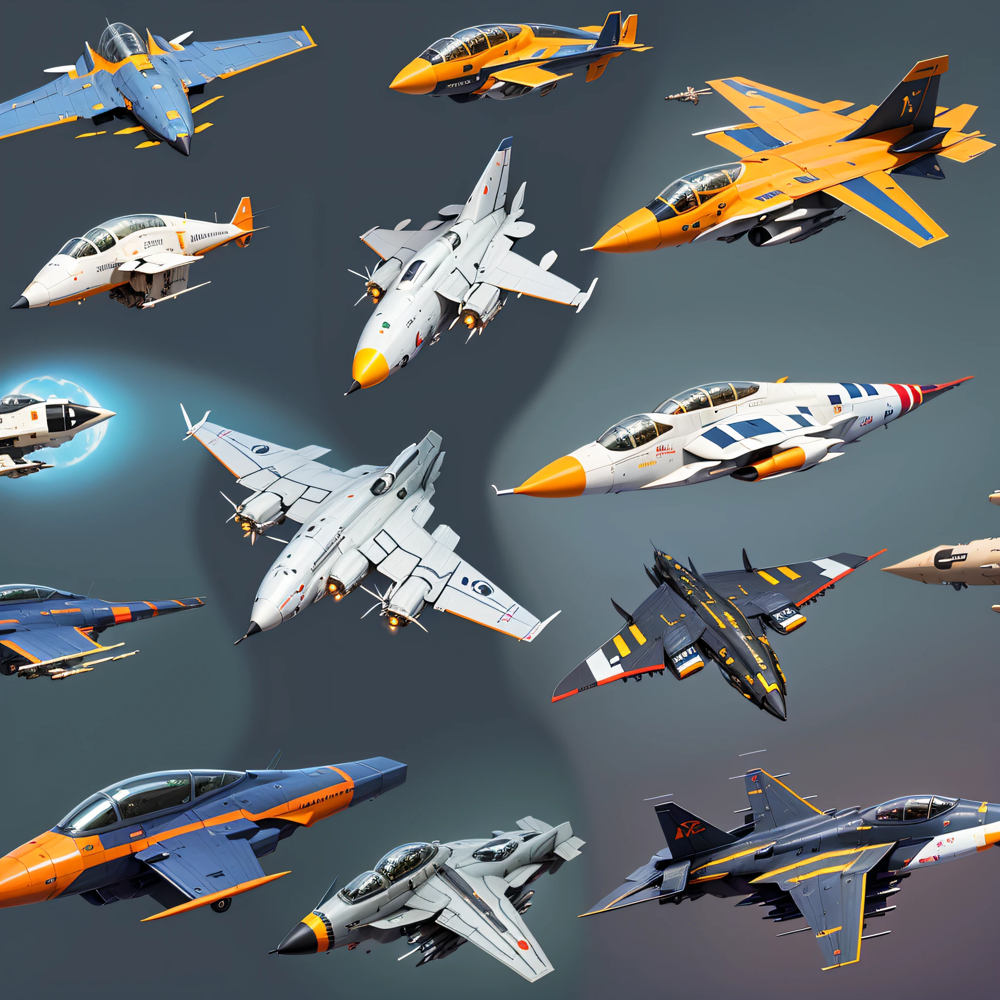 Close-up of a bunch of flat plane combat planes of different color shapes, generative art, spaceships, spaceships, alien spaceships, a set of high quality HD sprites, parked spaceships, large spaceships, fighter game assets, small spaceships --auto --s2