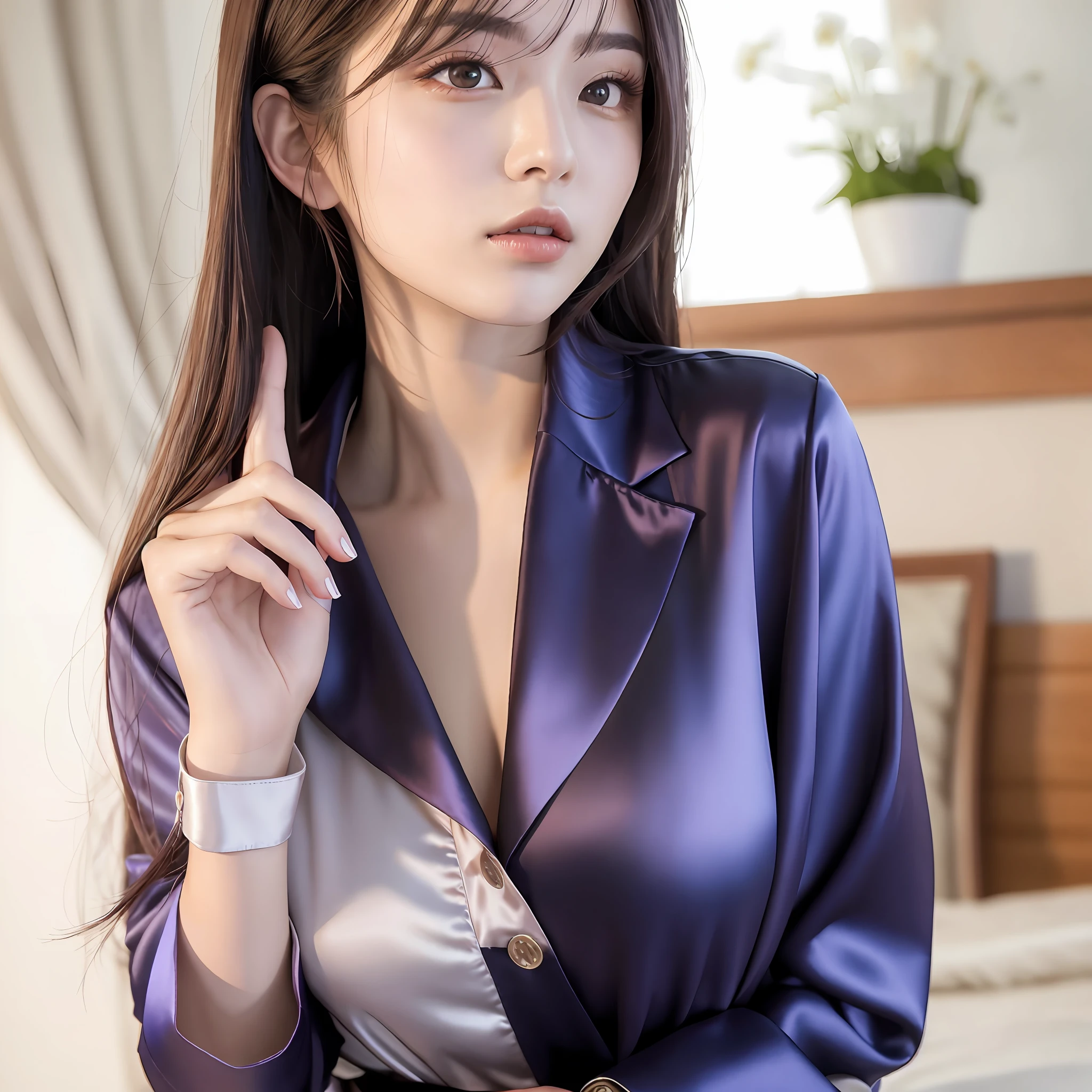 wear a satin wrench coat, the material of the satin wrench coat and satin blouse is shiny, soft and smooth to the touch, the buttons on the satin wrench coat are large, the buttons in front of the satin wrench coat are fastened, and the underwear is not worn, the collar of the satin blouse must be taken out of the satin wrench coat, satin blouse that fits the body, chest is C cup, Japan fashion model, wearing a shirt, in a coat, one beauty, the place is a hotel bedroom, the eyes are clear double, wet lips and appeal,