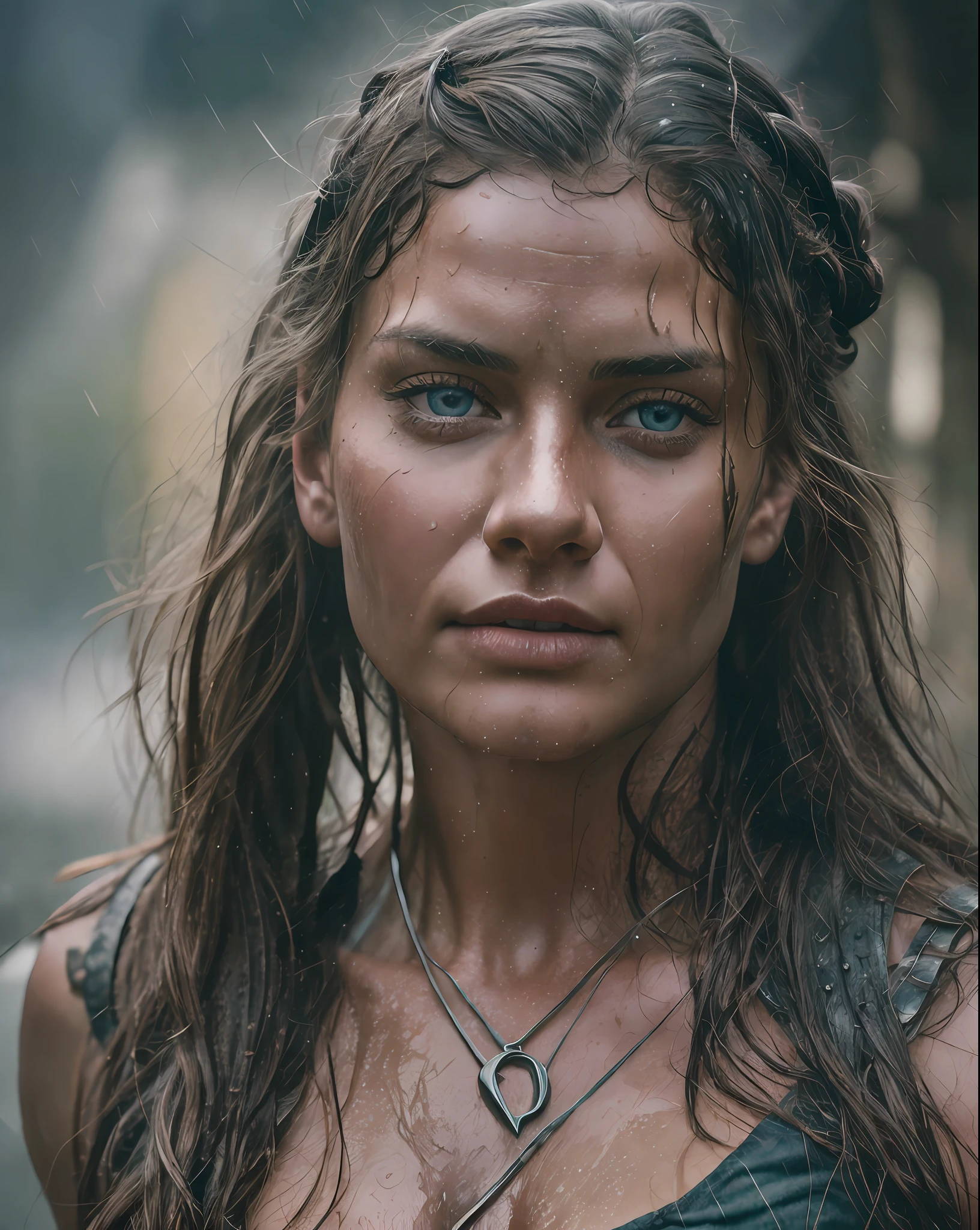 A beautiful young viking warrior, very sexy, viking hairstyle, warrior, armor, sweaty body and face, dirty, captivating, wet, big breasts, bright blue eyes, viking village, rain, photo awarded by lee jeffries, kodak film photography, kodak lens portra 400 camera f1.6, extremely detailed, amazing, fine details, rich colors, realistic hyper realistic texture, dramatic lighting, unrealengine, trend in artstation, cinestill 800 tungsten, looking for the viewer, realistic photo, RAW photo, TanvirTamim, high quality, high resolution, sharp focus, extremely detailed, cinematic effect, full body portrait style.