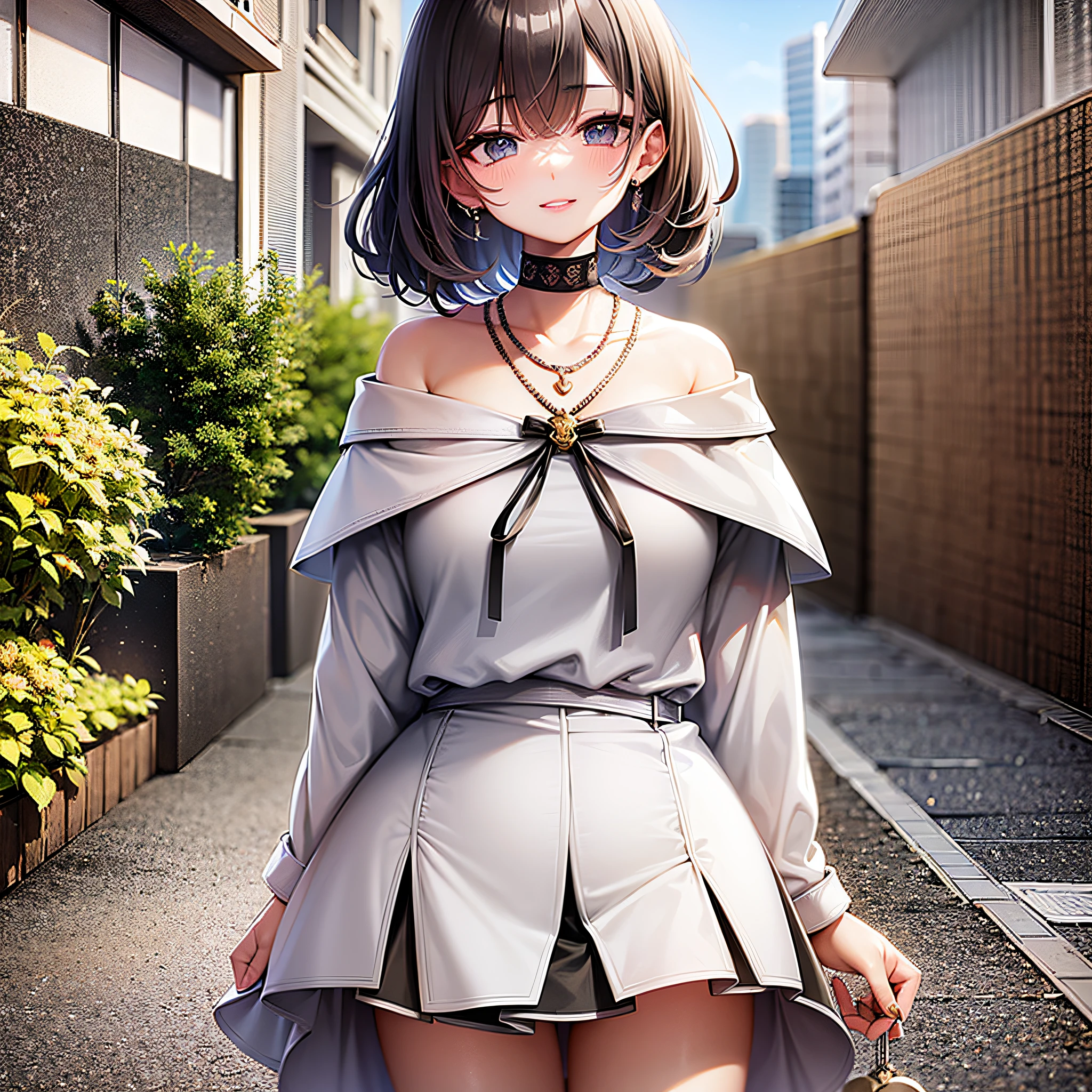 Masterpiece, Top Quality, Ultra Detail, Beautiful Lighting, One Girl, Hanamichi,Riverside, Cool lighting, Short gray hair, Light blue eyes, Blank look, {Off Shoulder, Mini Skirt}, Watch Viewer, Straight Hair, Hair Above One Eye, Parted Lips, Blushing, (Beautiful Smile, Spoiled Face), Glitter, {{Thighs}}, Narrow waist, Loli, Petite, Middle School, Outside,