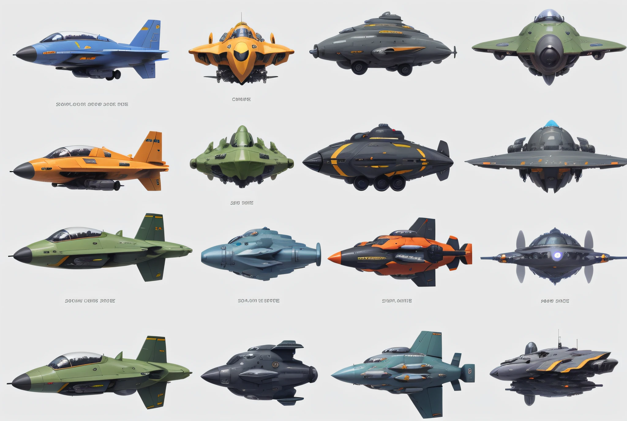 Close-up of a bunch of battle planes of different color shapes, generative art, spaceships, spaceships, alien spaceships, VFX sprite watches!!!!!, sprite tables, a set of high quality HD sprites, elf watches, parked spaceships, large spaceships, fighter game assets, small spaceships --auto --s2