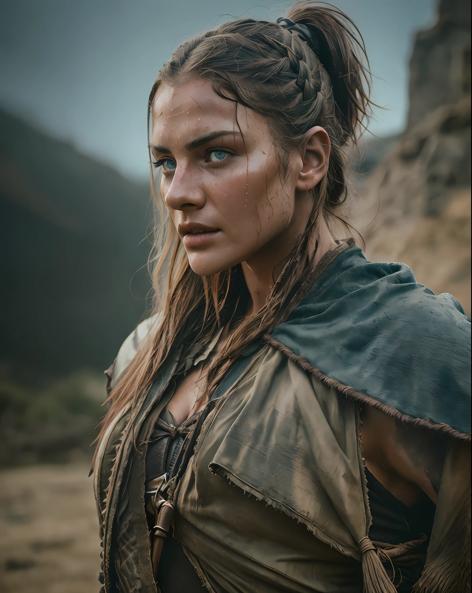 A beautiful young viking warrior, very sexy, viking hairstyle, warrior, armor, sweaty body and face, dirty, captivating, wet, big breasts, bright blue eyes, viking village, rain, photo awarded by lee jeffries, kodak film photography, kodak lens portra 400 camera f1.6, extremely detailed, amazing, fine details, rich colors, realistic hyper realistic texture, dramatic lighting, unrealengine, trend in artstation,  cinestill 800 tungsten, looking for the viewer, realistic photo, RAW photo, TanvirTamim, high quality, high resolution, sharp focus, extremely detailed, cinematic effect, full body portrait style.
