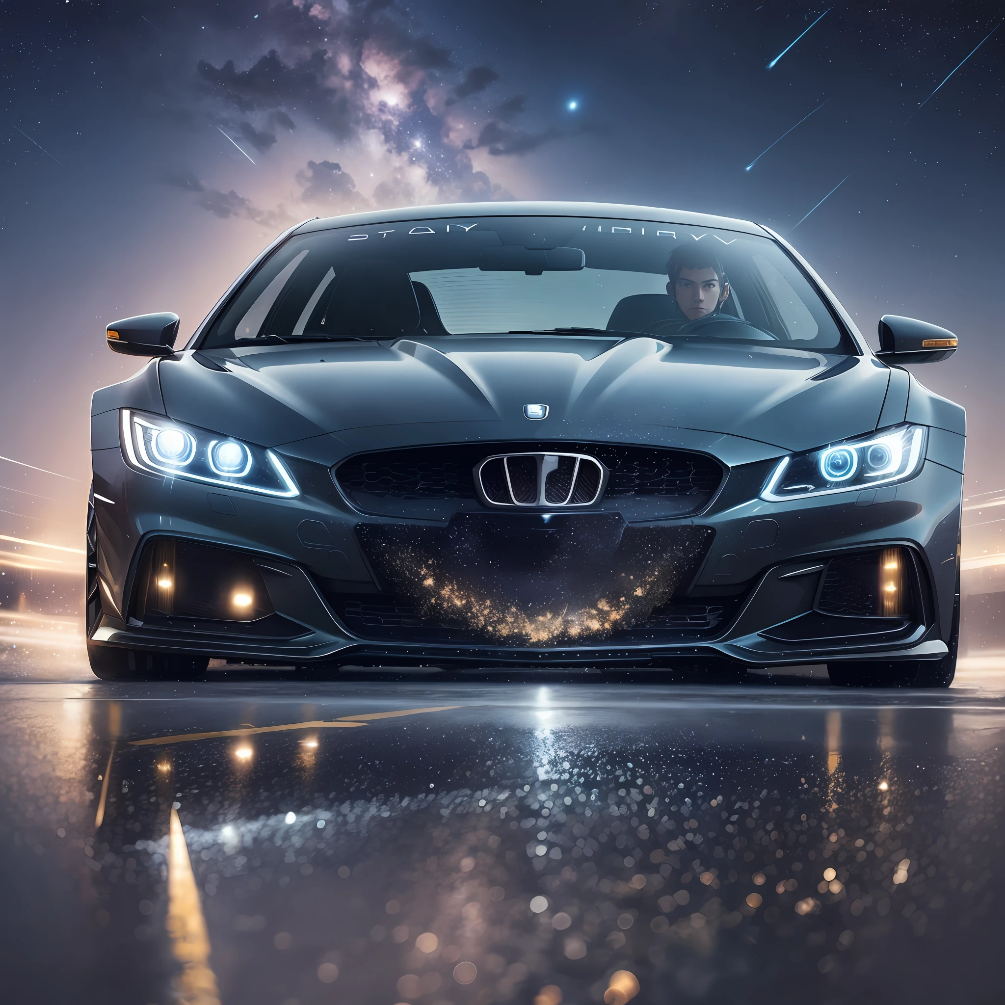 Detailed starry sky, sports car driving on rainy highway, no one, official art, best quality, body streamer, body reflective starry sky, obvious reflection, starry picture, starlight body, dreamy, black translucent