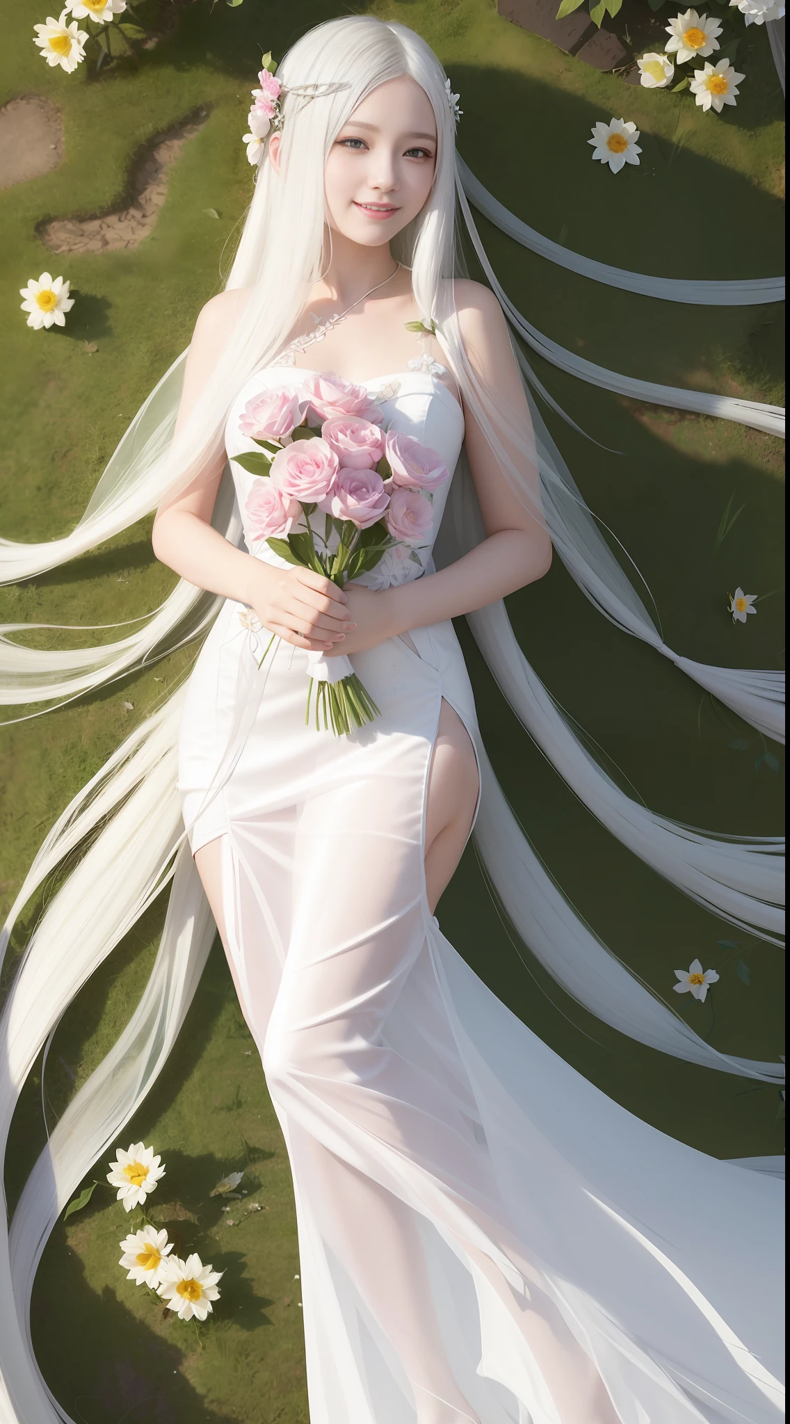 ( smiling fine silk transparent lying flat on the ground looking up)) girl with long white hair and dress with flowers, digital art inspired by Ai Xuan, trend in CG society, fantasy art, ((beautiful fantasy queen)), ethereal beauty, beautiful fantasy queen, 8k high quality detail art, beautiful fantasy anime, ethereal fantasy, beautiful young wind spirit, guweiz, cgstation trend