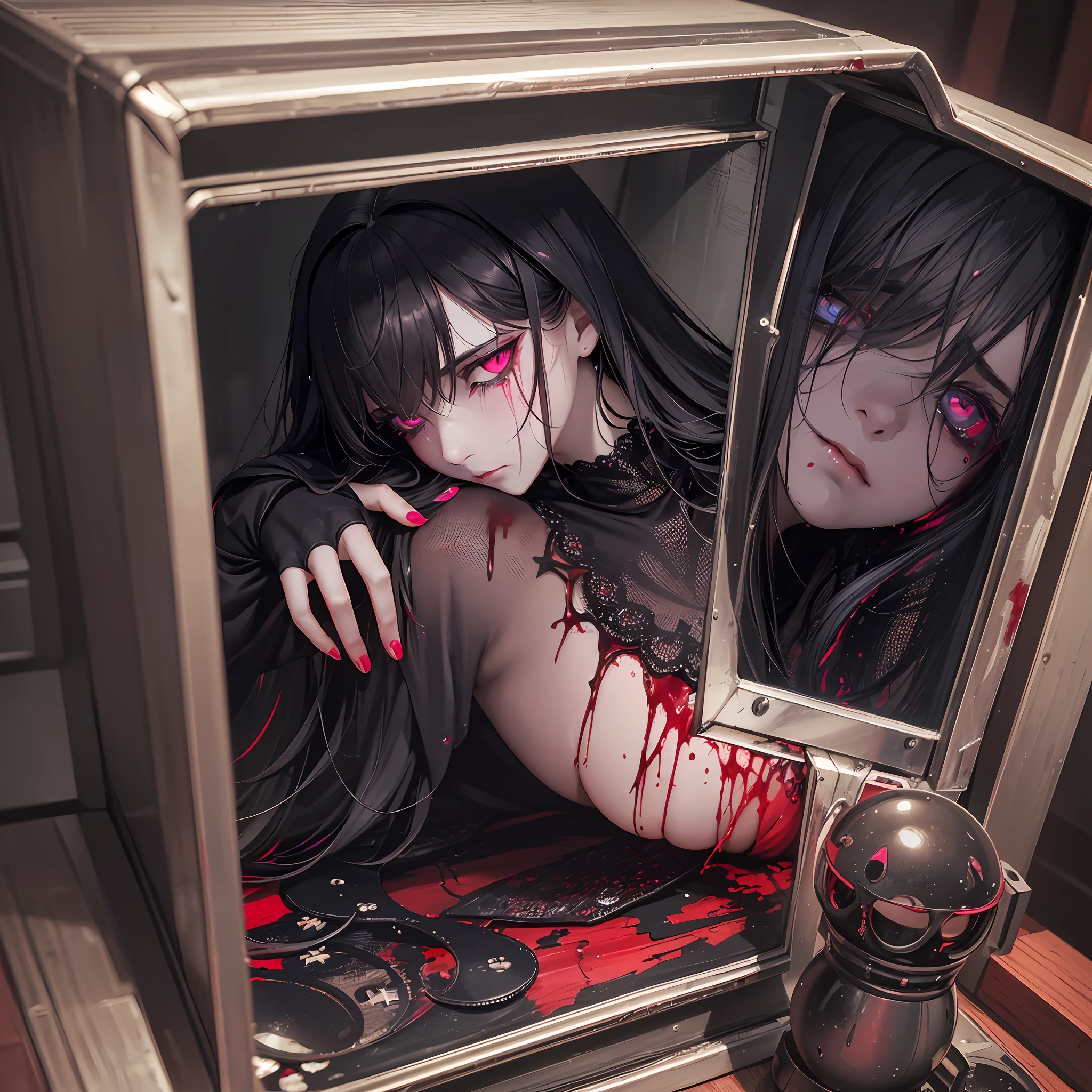 (best quality), (top quality), (dark), (whole body), (melancholy), (sadness), (agony), (terror), (horror), (dark), (vibrant colors), (bright), (neon), (neon clothing), (realistic photo), (real photo), (full body) PIN UP dark doll, shattering, bloodstained, crying blood, being photographed in a toy box. --auto --s2