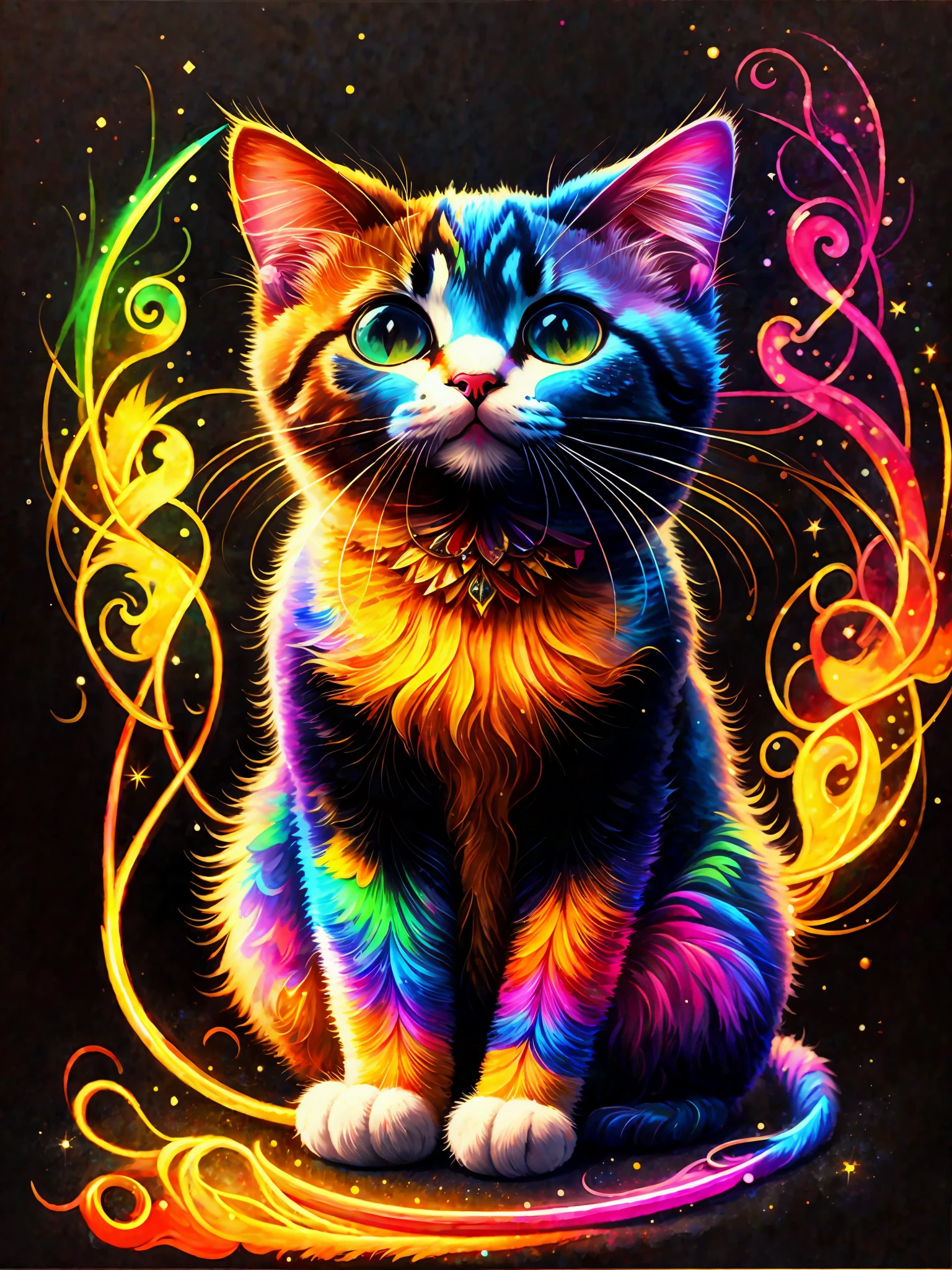 a painting of a cat with asss and a colorful bow and flex on a black background,, breathtaking rendering, within a radiant connection, inspired by Kinuko Y. Craft,, magical elements, kitten icon, wow, is beautiful, casting a multi colorful spell, bright flash, flash