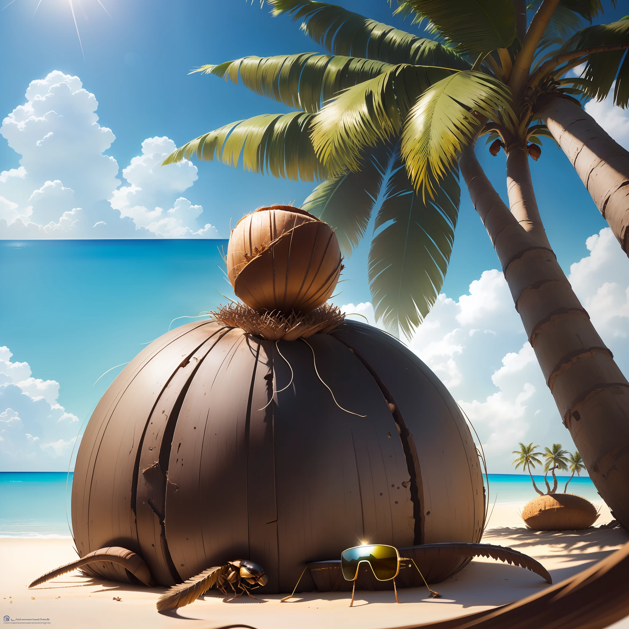 single palm tree with coconuts on a small island anthill+person sized ant lounging at base of palm  tree wearing sunglasses-upscale  isolate ant upscale—-