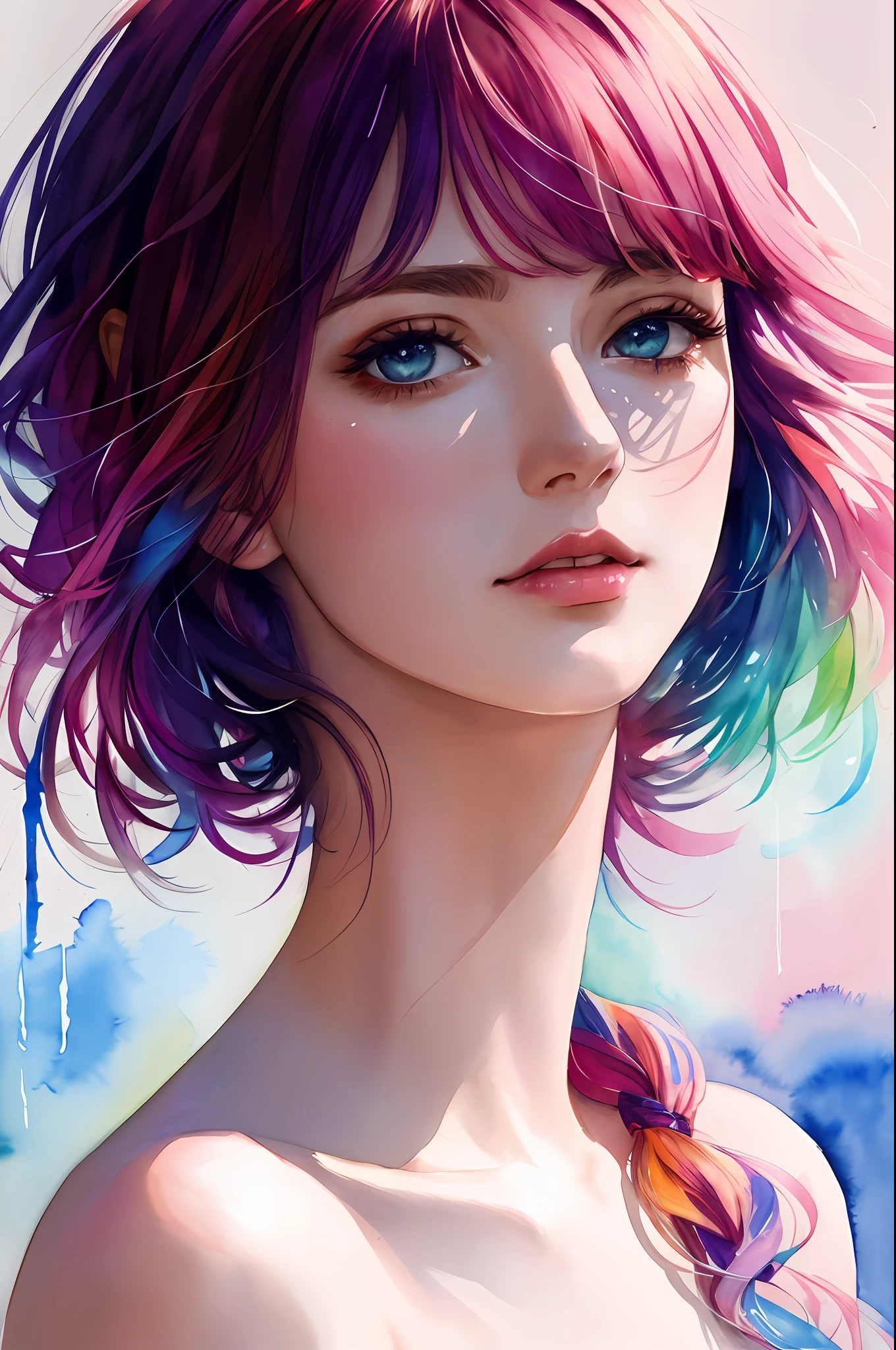 (8k, best quality, masterpiece:1.2),(best quality:1.0), (ultra highres:1.0), watercolor, a beautiful woman, shoulder, hair ribbons, by agnes cecile, half body portrait, extremely luminous bright design, pastel colors, (ink:1.3), autumn lights,