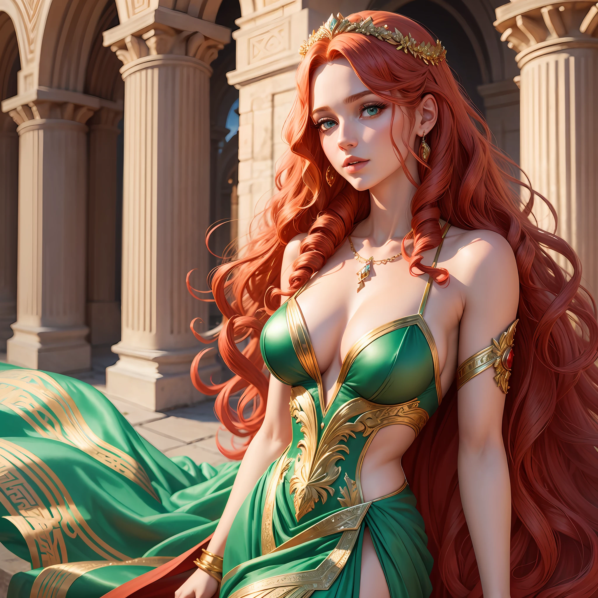 Greek goddess Aphrodite, beautiful blonde woman, wearing a long gala event dress, curly red hair, green eyes, scarlet red dress, 8k, Greece, ultra realistic, cinematic --auto --s2
