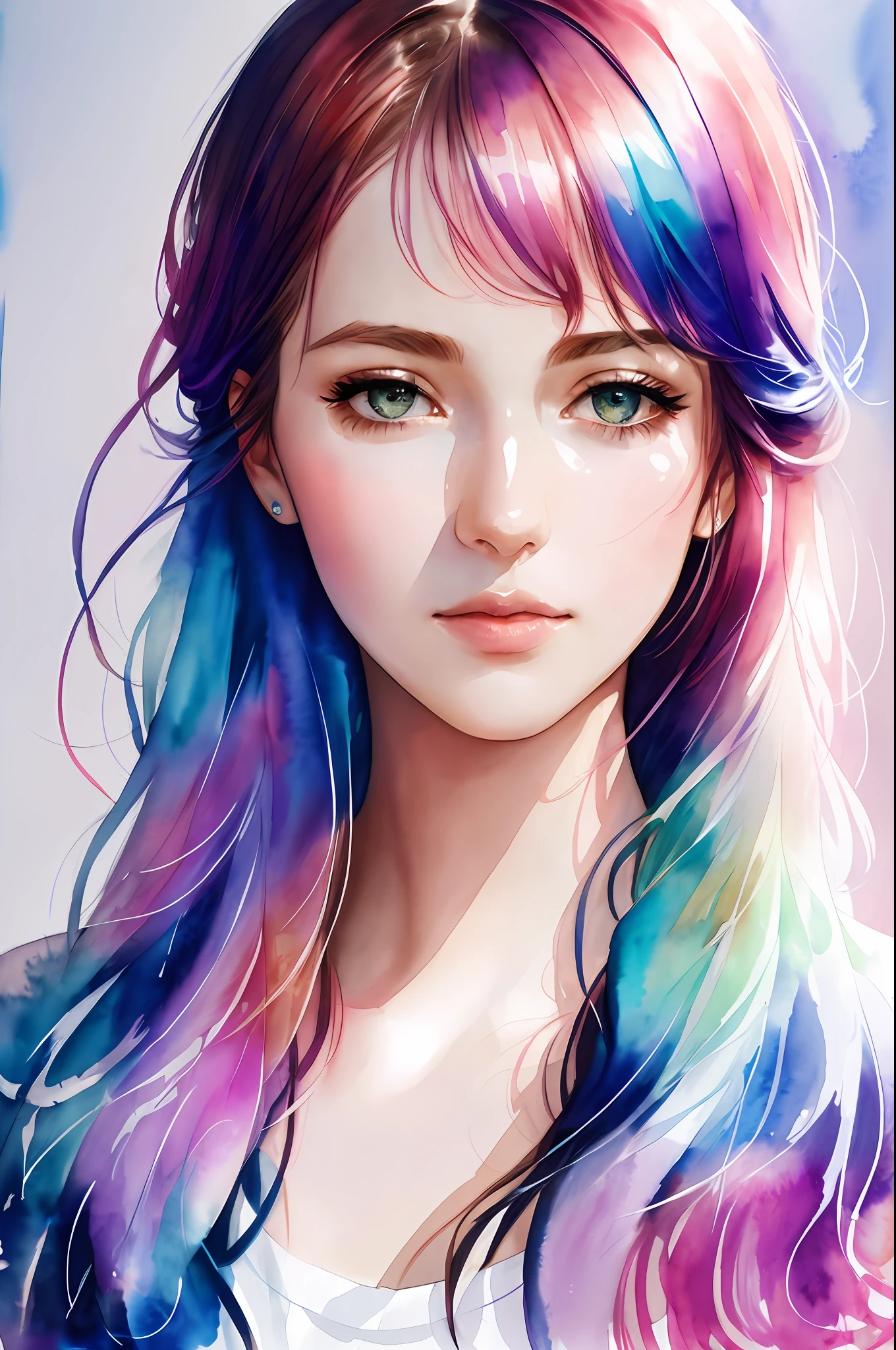 (8k, best quality, masterpiece:1.2),(best quality:1.0), (ultra highres:1.0), watercolor, a beautiful woman, shoulder, hair ribbons, by agnes cecile, half body portrait, extremely luminous bright design, pastel colors, (ink:1.3), autumn lights,