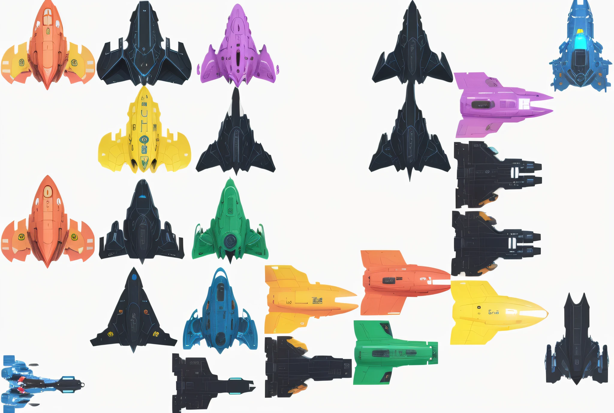 A bunch of different color shapes top-down view combat airplane close-up, generative art, sense of technology, spaceship, spaceship, alien spaceship, VFX sprite watch!!!!!, sprite watch, set of high quality HD sprite, sprite watch, parked spaceship, large spaceship, fighter game assets, battle plane, small spaceship --auto --s2