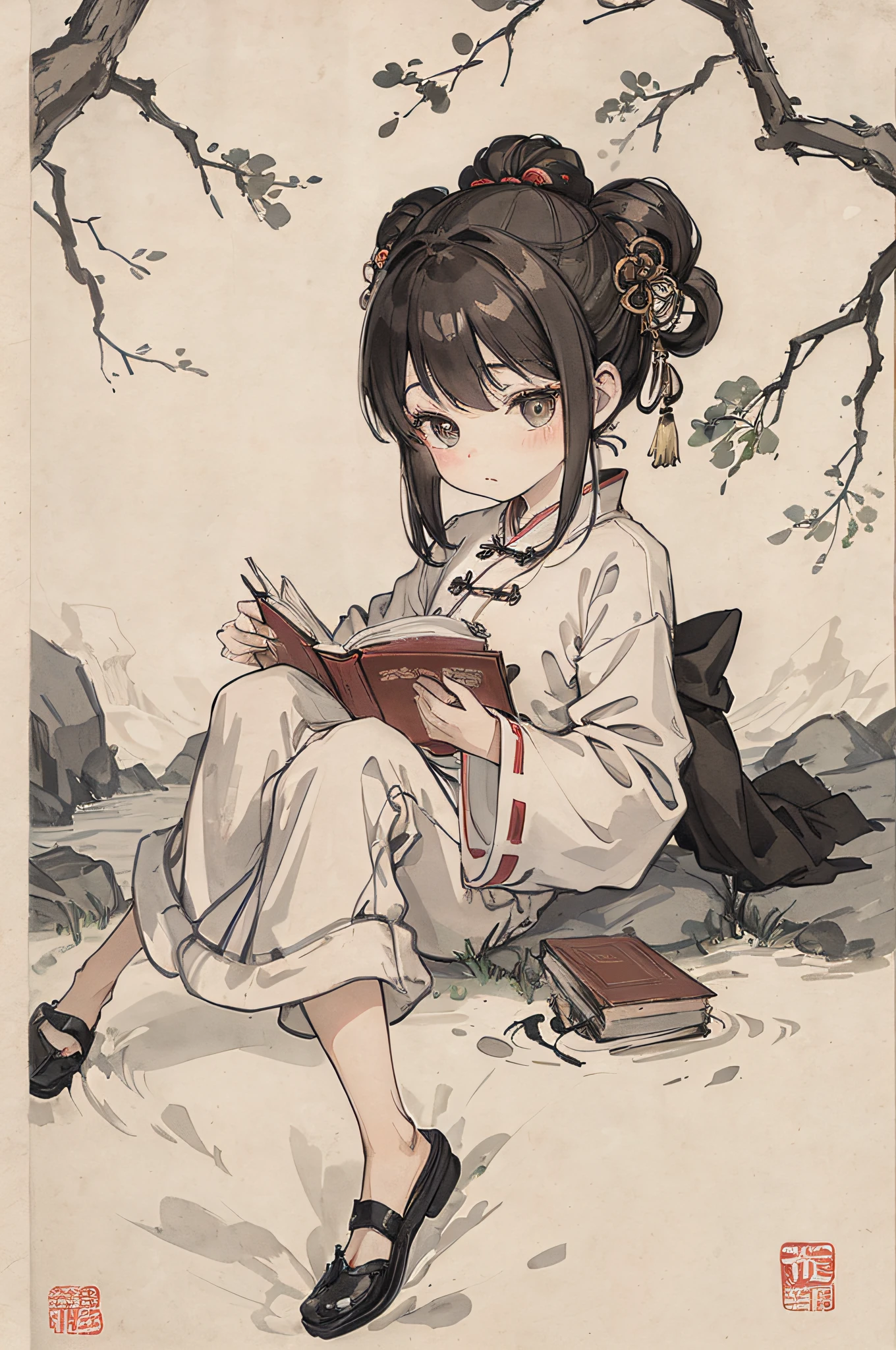 (Masterpiece, best quality: 1.2), traditional Chinese ink painting, child reading a book