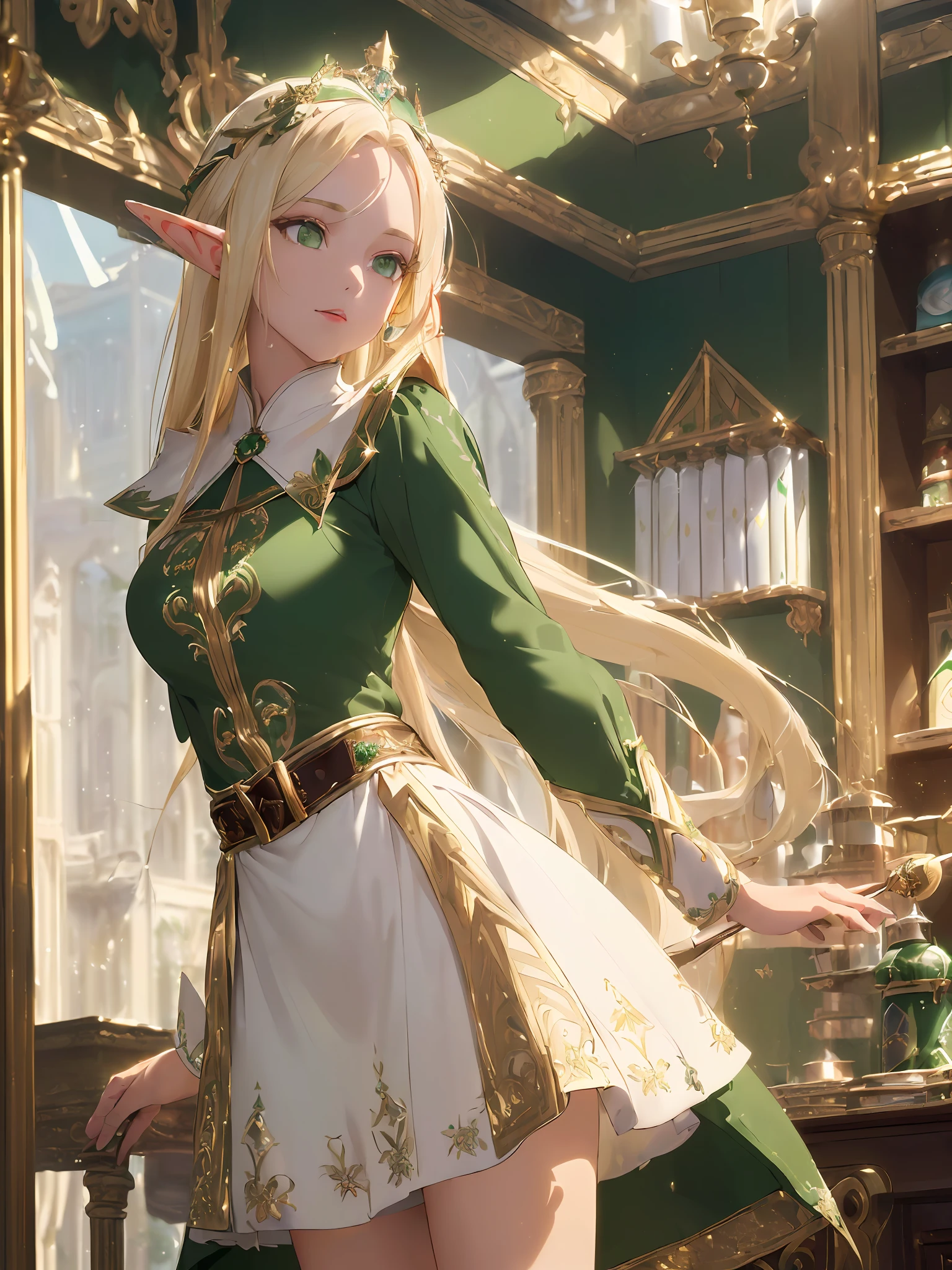 (((Masterpiece, Best Quality, High Definition, High Detail)))), One, (((Elf Woman))), (White Short Skirt with Gold Embroidery), (Blonde Long Straight Hair), (Glossy Dark Green Eyes), (Green Surcoat with Gold Embroidery), Big, (((Magic Tool Shop in Fort City)), ((There are a lot of magic tools in the store)), Anxious face, tilting the head , Light particles flying