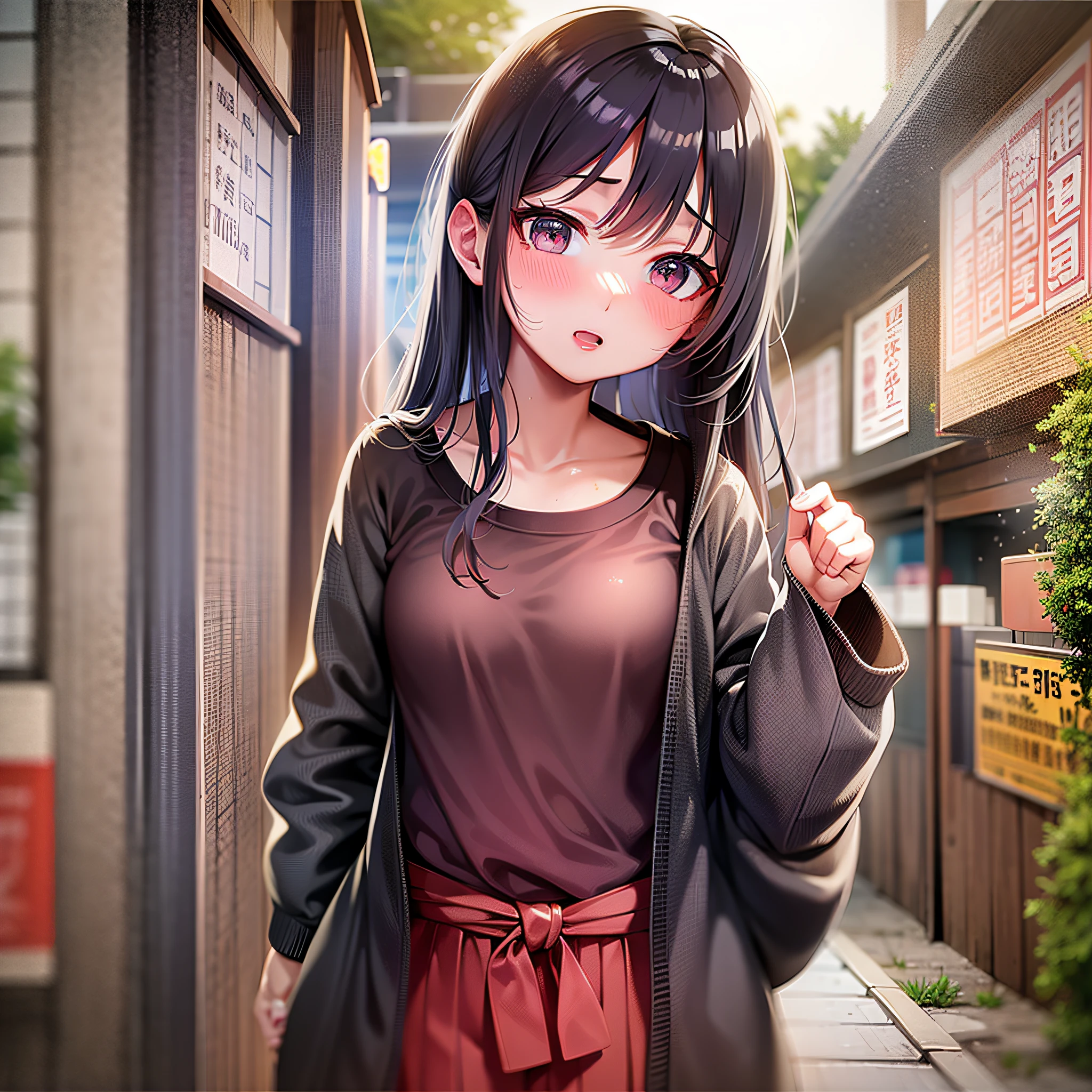 girl, teen, petite, loli, child, wet, steam, panic, festival, yukata , woman, long hair, pants, skirt, skirt fluttering in the wind, pants visible
