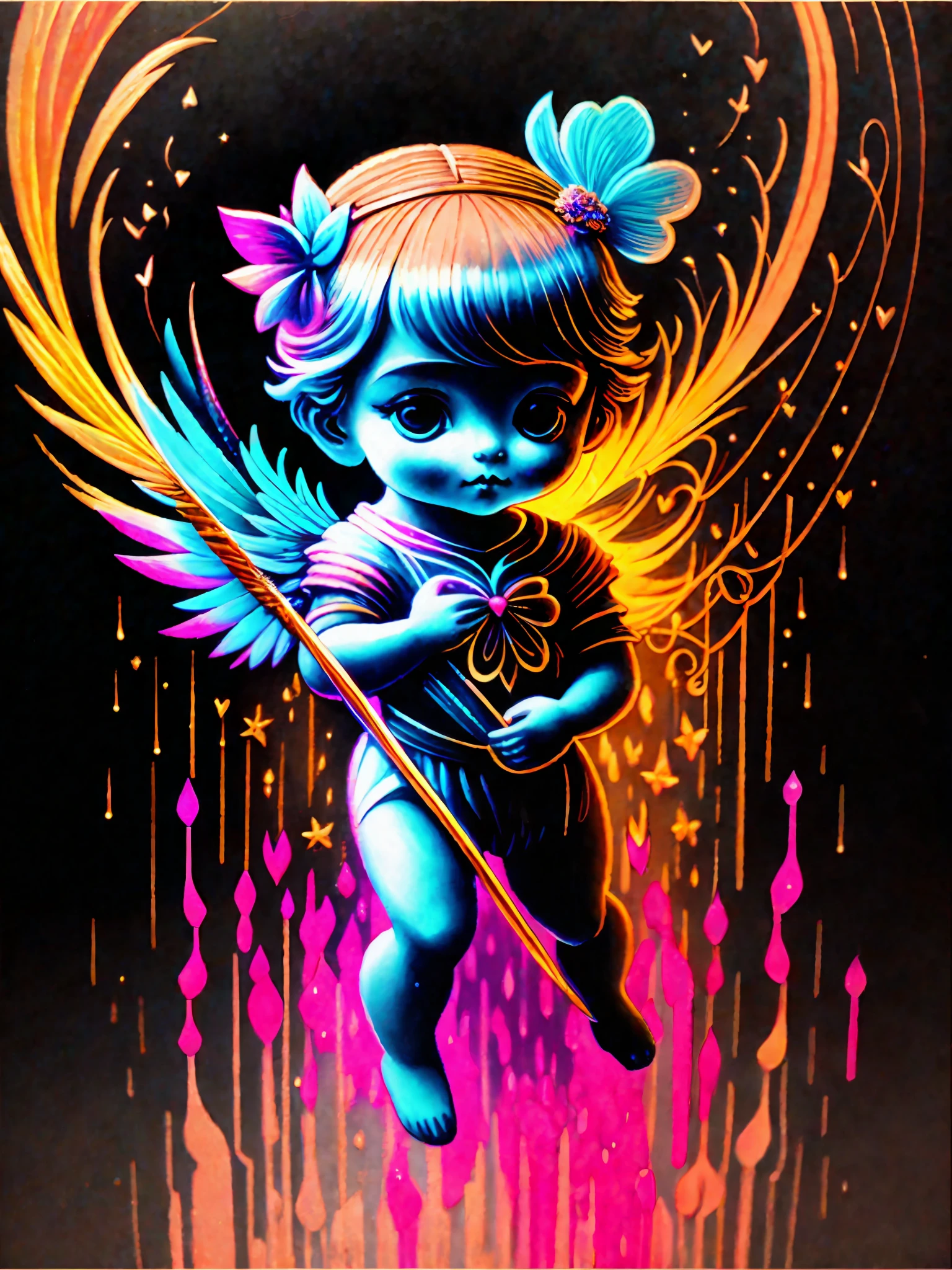 a painting of a colored cupid on a black background,, breathtaking rendering, within a radiant connection, inspired by Kinuko Y. Craft,, magical elements, kitten icon, wow, is beautiful, casting a multi colorful spell, bright flash, flash