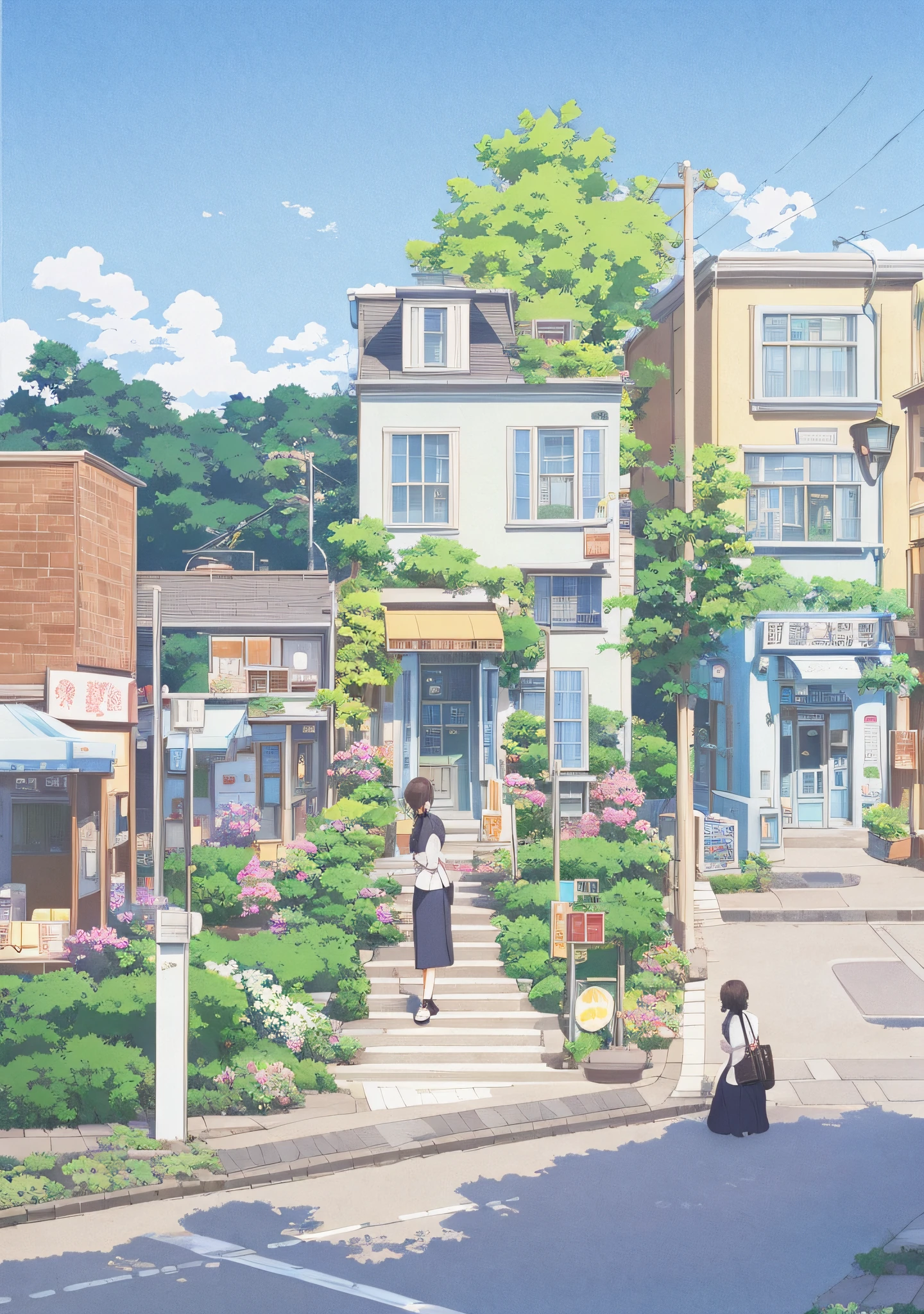 Anime - City street style scene, a woman waiting in front of a store, anime background art, detailed scenery - width 672, anime landscape concept art, anime style cityscape, Studio Ghibli anime style, Studio Ghibli art style, Studio Ghibli program, anime landscape, Studio Ghibli art style, Landscape artwork, Beautiful anime landscape, Forest city street, Ghibli art style, cake shop, cake shop, bakery cake shop, Makoto Shinkai style, Makoto Shinkai anime, Shinkai Makoto art style