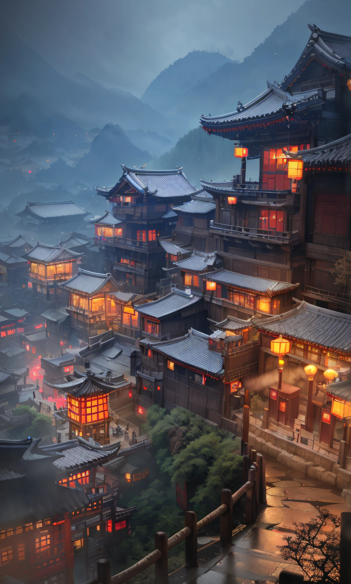 arafed view of a village with a lot of lights on the buildings, dreamy chinese town, chinese village, amazing wallpaper, japanese town, japanese village, hyper realistic photo of a town, old asian village, japanese city, by Raymond Han, rainy evening, cyberpunk chinese ancient castle, beautifully lit buildings, at evening during rain, beautiful and aesthetic, photography, cinematic, 8k, high detailed ((Heavy rain)))