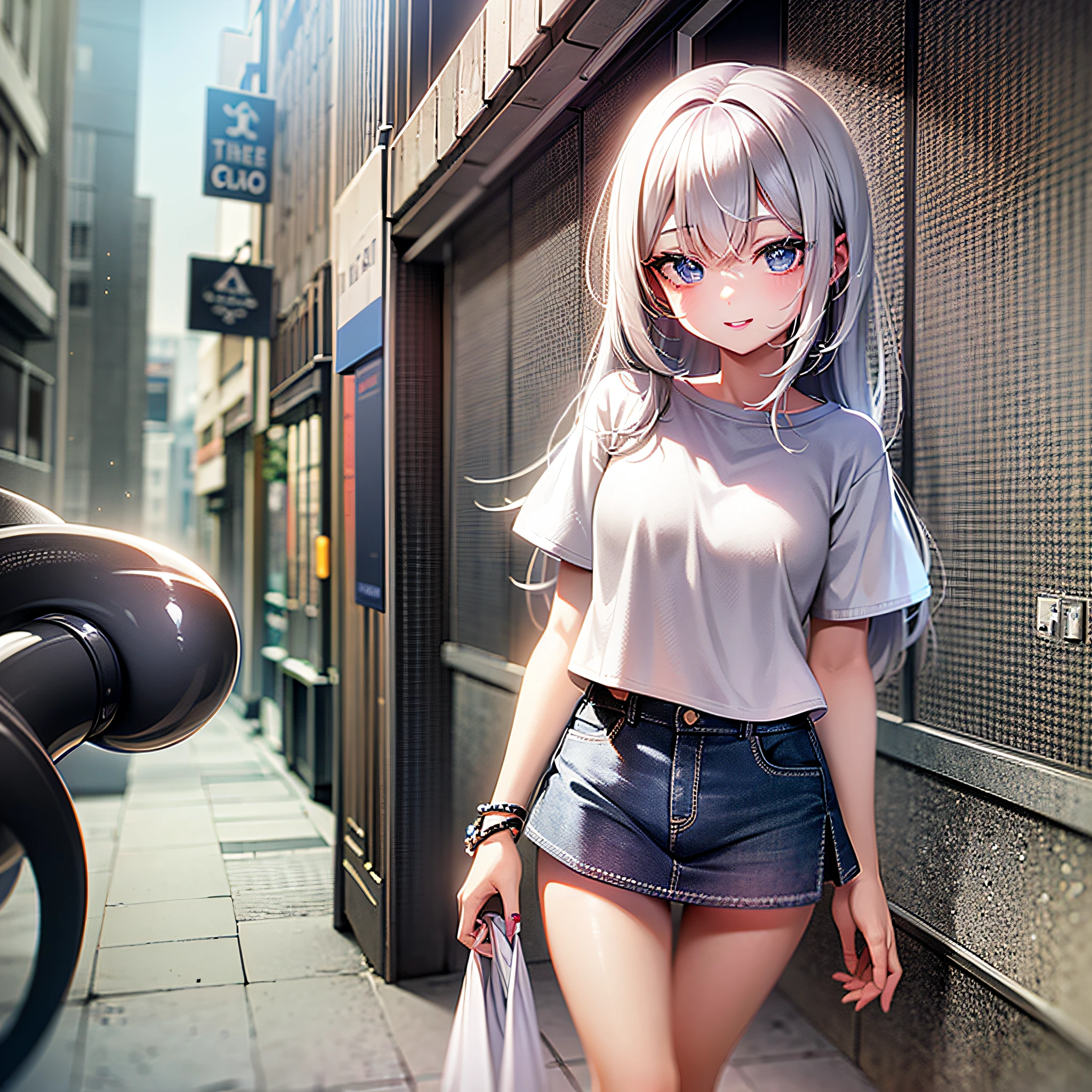 Masterpiece, Top Quality, Ultra Detail, Beautiful Lighting, One Girl, City, Cool Lighting, Short White Hair, Light Blue Eyes, Blank Expression, {White T-Shirt, Dowel Dabo Clothes, Mini Skirt}, Watch Viewer, (Straight Hair, Long Hair), Hair Above One Eye, Parted Lips, (Beautiful Smile, Spoiled Face), Glitter, {{???? Feet}}, Narrow Waist, Loli, Petite, Junior High School