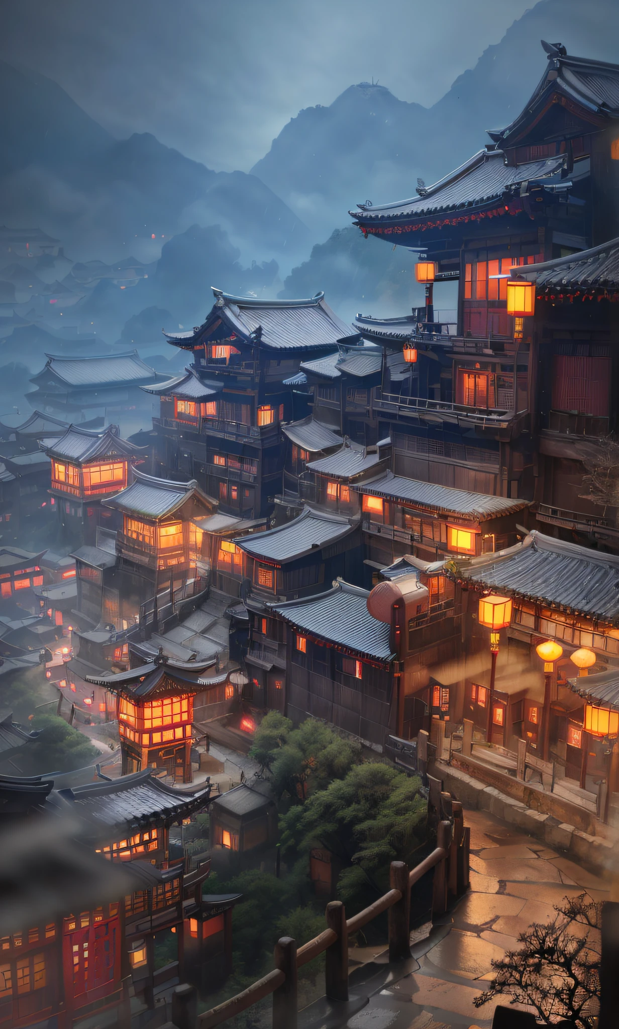 arafed view of a village with a lot of lights on the buildings, dreamy chinese town, chinese village, amazing wallpaper, japanese town, japanese village, hyper realistic photo of a town, old asian village, japanese city, by Raymond Han, rainy evening, cyberpunk chinese ancient castle, beautifully lit buildings, at evening during rain, beautiful and aesthetic, photography, cinematic, 8k, high detailed ((Heavy rain)))