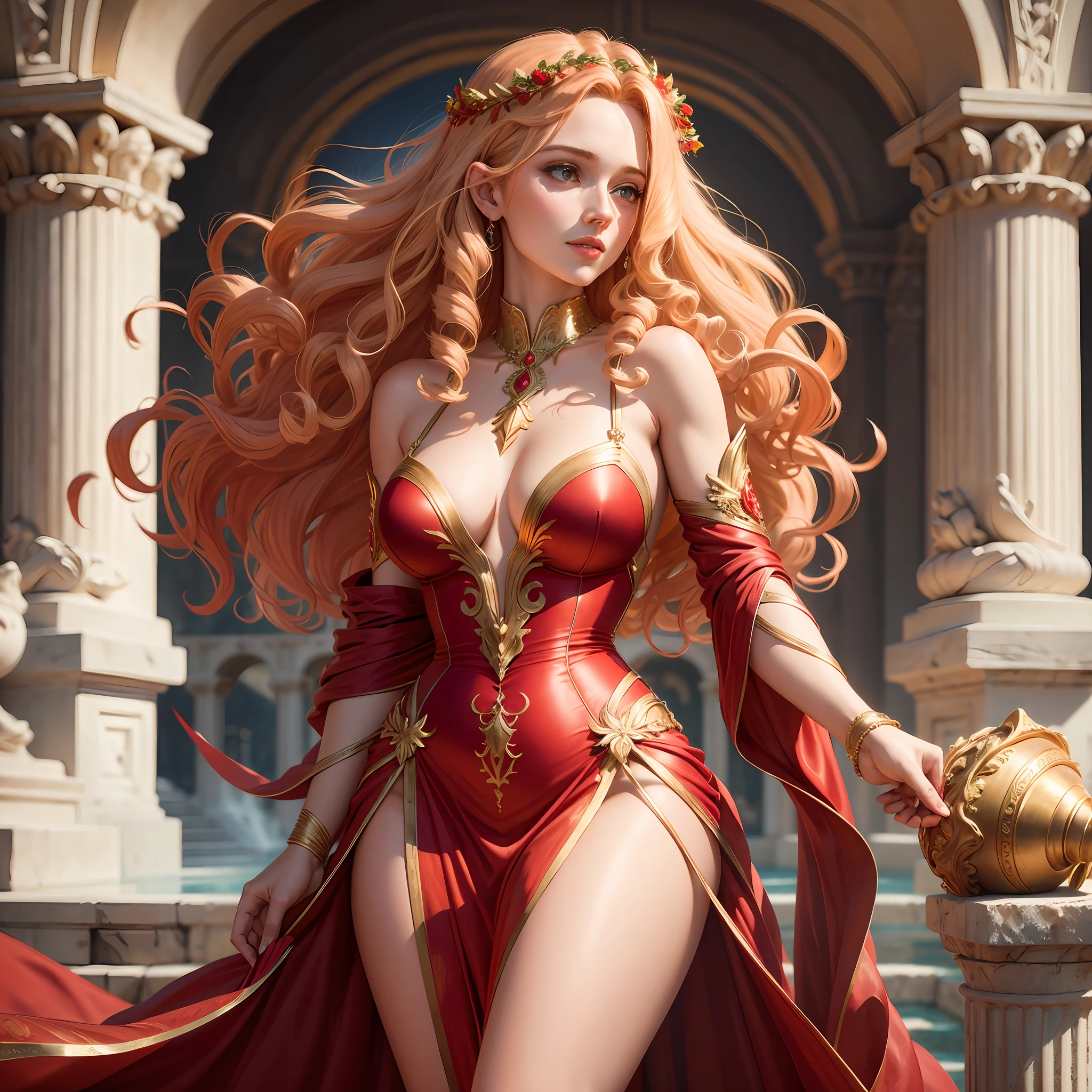 Greek goddess Aphrodite, beautiful blonde woman, wearing a long gala event dress, curly red hair, green eyes, scarlet red dress, 8k, Greece, ultra realistic, cinematic --auto --s2