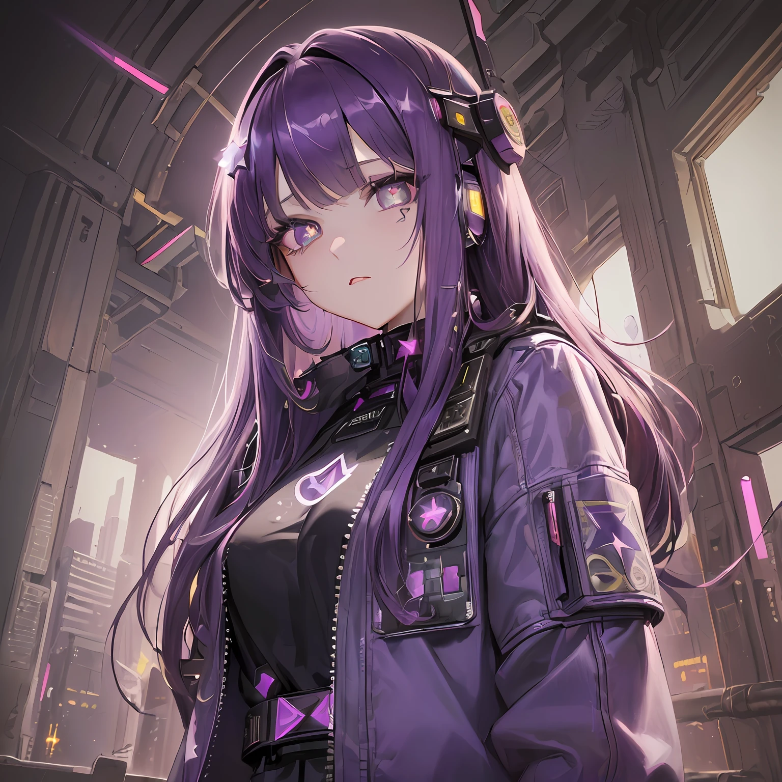 (masterpiece:1.4), (artwork), (best quality), (magnificent work), (eye details:1.3), (simple soft natural lighting:1.1), (1girl), (long purple hair+bangs:1.2), (wearing cyberpunk clothes:1.2), (star-shaped pupils, +_+, symbol-shaped pupils, bright eyes:1.3), (looking at the viewer:1.2) art scene background(hyperdetailed:1.2)