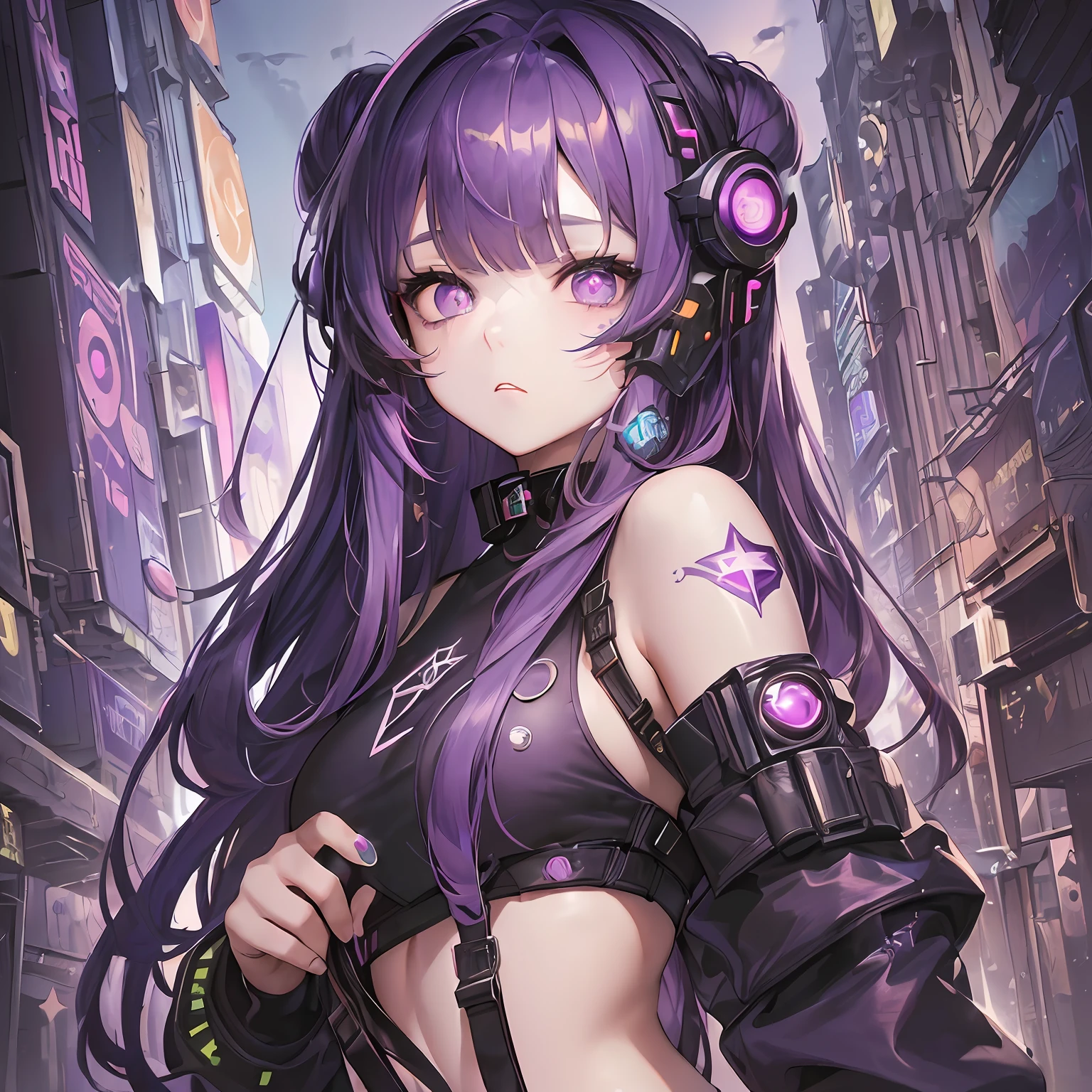 (masterpiece:1.4), (artwork), (best quality), (magnificent work), (eye details:1.3), (simple soft natural lighting:1.1), (1girl), (long purple hair+bangs:1.2), (wearing cyberpunk clothes:1.2), (star-shaped pupils, +_+, symbol-shaped pupils, bright eyes:1.3), (looking at the viewer:1.2) art scene background(hyperdetailed:1.2)