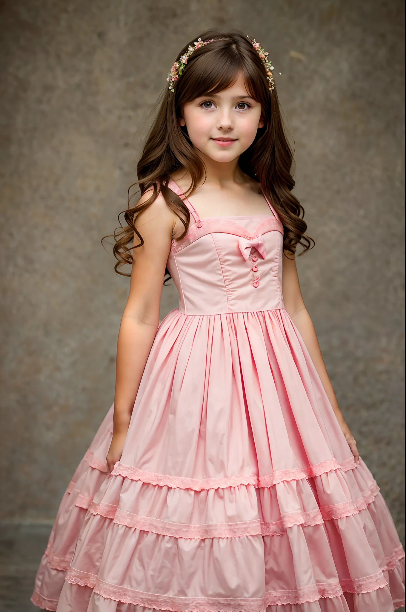 Brunette, 10 year old girl, best quality, highest detail, superior quality, natural lighting, beautiful, correct anatomy, good composition, feminine shape, dressed in a modest dress