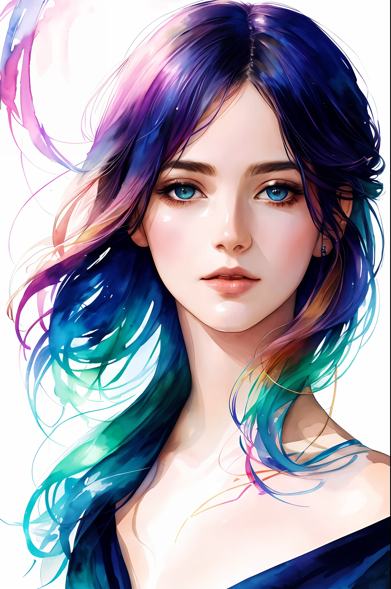 (8k, best quality, masterpiece:1.2),(best quality:1.0), (ultra highres:1.0), watercolor, a beautiful woman, shoulder, hair ribbons, by agnes cecile, half body portrait, extremely luminous bright design, pastel colors, (ink:1.3), autumn lights,