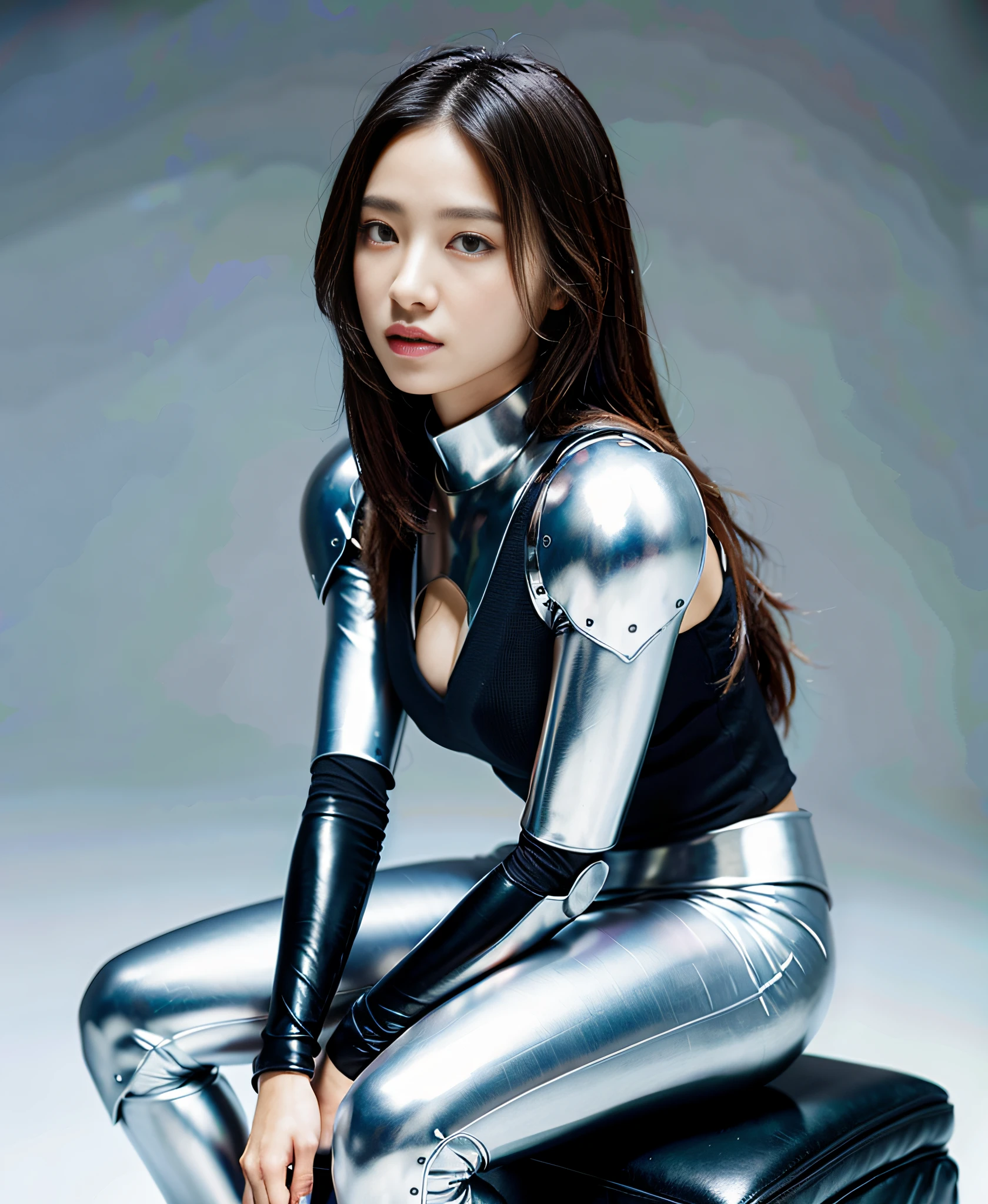 Beautiful Woman Face: 1.3, 19 years old, Mechanical Body: 1.5, Steel Armor: 1.2, Silver Armor: 1.2, Metal Armor: 1.2, Robot: 1.3, Mechanical Joint: 1.2, Prosthetics: 1.2, Artificial Limb: 1.23, Online World Background: 1.5, 150mm, Long Hair, Studio Soft Light, Beautiful Background, Vibrant Details, Octane Rendering, 8K, Best Quality, Masterpiece, Illustrations, Extreme Beauty, Extreme Detail, CG, Unity, Wallpaper, Reality :1.1, Realism:1.37, Amazing detail, Absurdism, Master, Highest Quality, Official Art, Full Body Shot, Seated