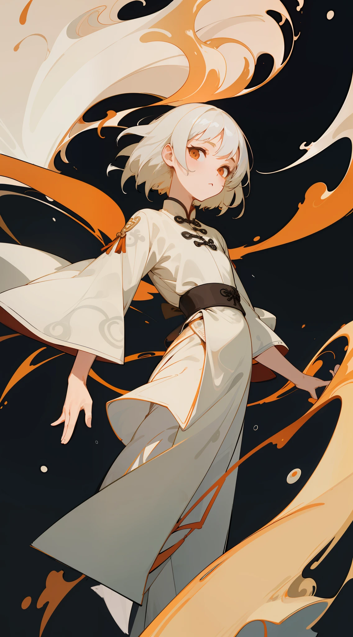 1 girl, solo, looking at the audience, short white hair, white chinese clothes, ink splash, kung fu, floating water, space, simple background, (masterpiece, best quality, very detailed CG), ((very Chinese color ink)))), ((very detailed ink background)), ((flat color)), {{ink splash}},.