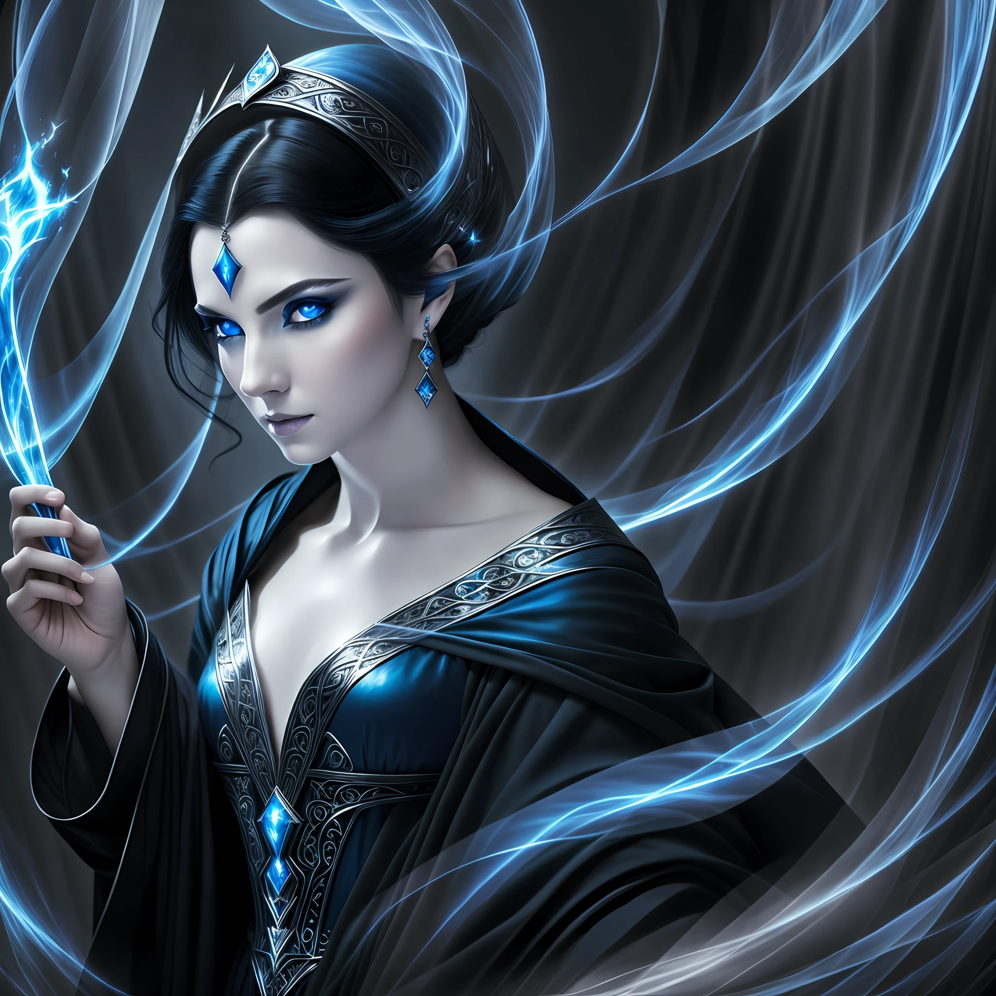 striking photo of a beautiful sorceress, serene facial expression, short black hair, blue eye, pale skin, costumes: black and silver robe and behaved blue,