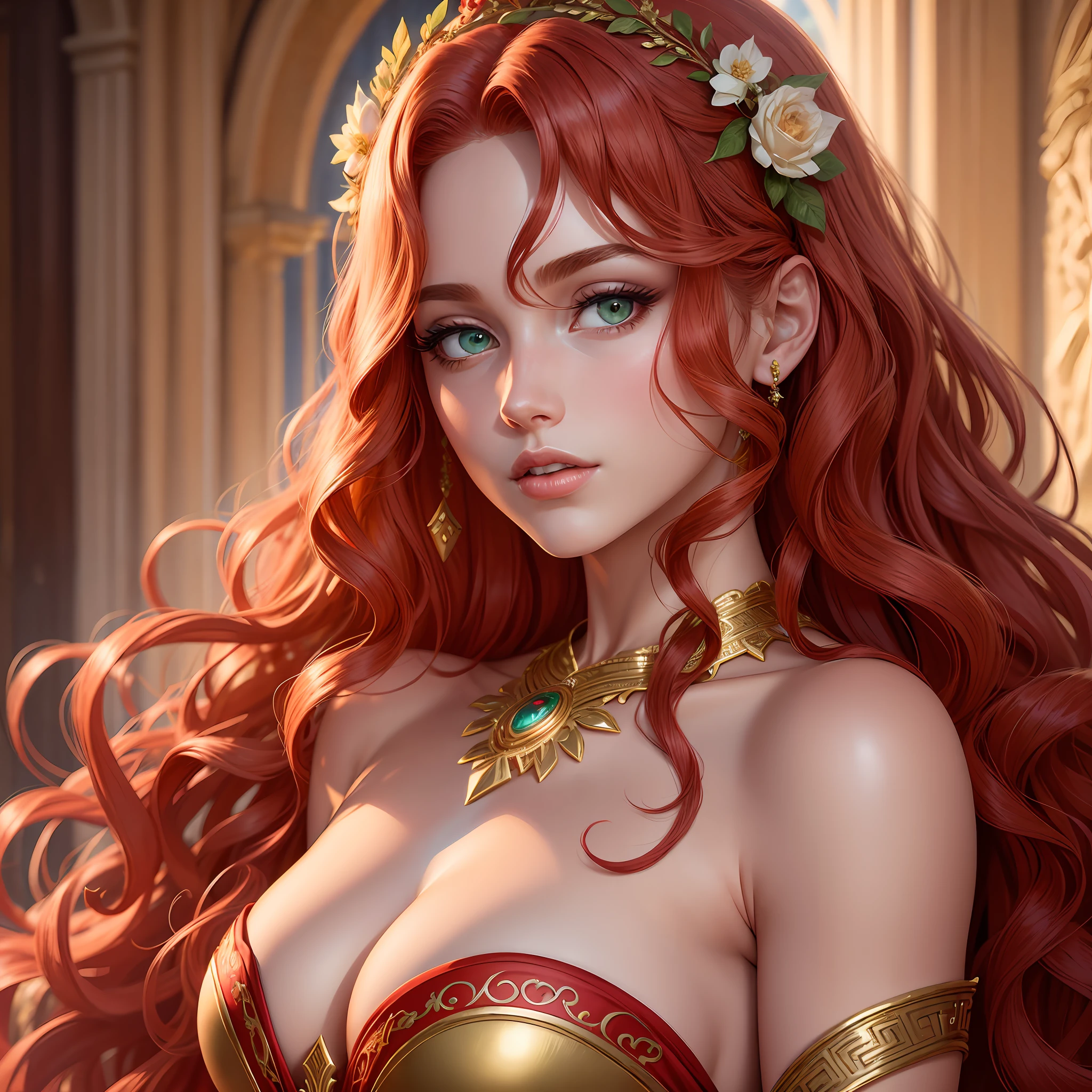 Greek goddess Aphrodite, beautiful blonde woman, wearing a long gala event dress, curly red hair, green eyes, scarlet red dress, 8k, Greece, ultra realistic, cinematic --auto --s2