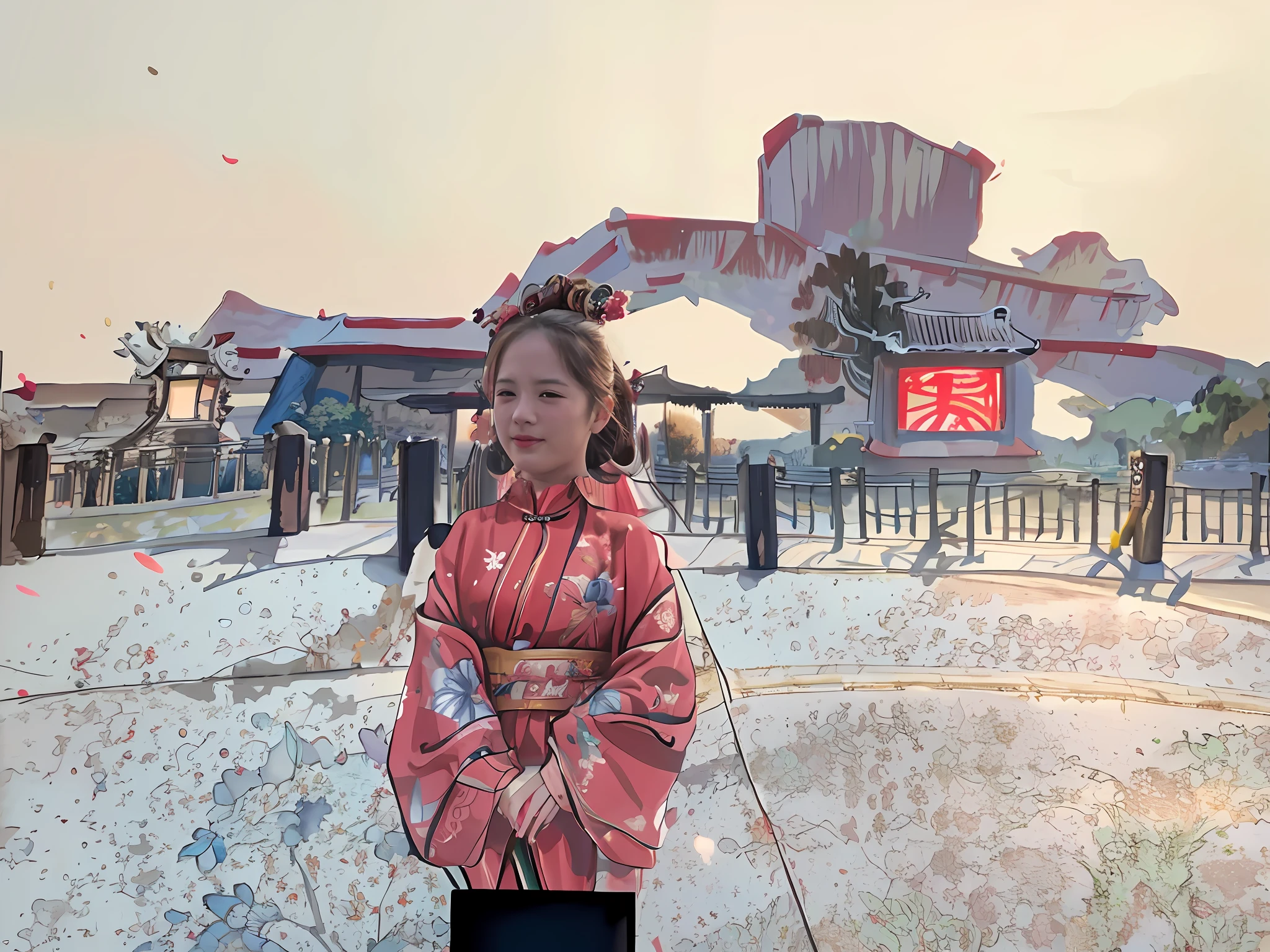 best quality, masterpiece, photo realistic, intricate details, raw photo, photon rendering, octane rendering, ridiculous, ultra-detailed, detailed face, detailed skin, art station trend,8k masterpiece, cinematic lighting, 1 girl, standing, solo, red wall, bench, architecture, chinese clothing, hands crossed, vase, dress, east asian architecture, lantern, brunette hair, long sleeves, tree, flower, looking at the audience, daqing chao, solo, long sleeves, floral print, traditional media