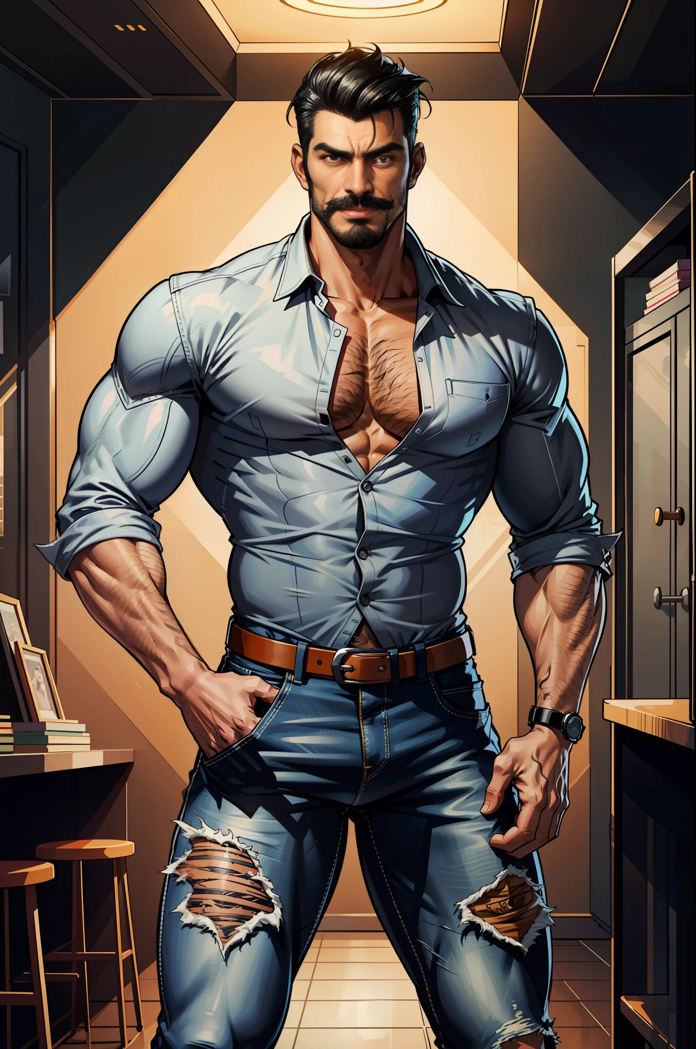 (original-art:1.2),(lineart:1.33), 1male, black hair, 1950s greaser, mature masculine muscular, handsome chisled facial features, muscular hairy body, 70s mustache, unbuttoned ripped white shirt, open shirt, un-zipped jeans, opened pants, pubic hair, huge crotch bulge, sexy, hot, jock, erotic, (hyperdefined),(inked-art), hero-angle, masculine stance, erotica, full body shot, cartoon, indoor, dramatic lighting, sidelighting,complex lighting,(full vibrant colors),hatched-texture,(fine-details:1.2),absurdres,flat-colors,ultradetailed, city street,