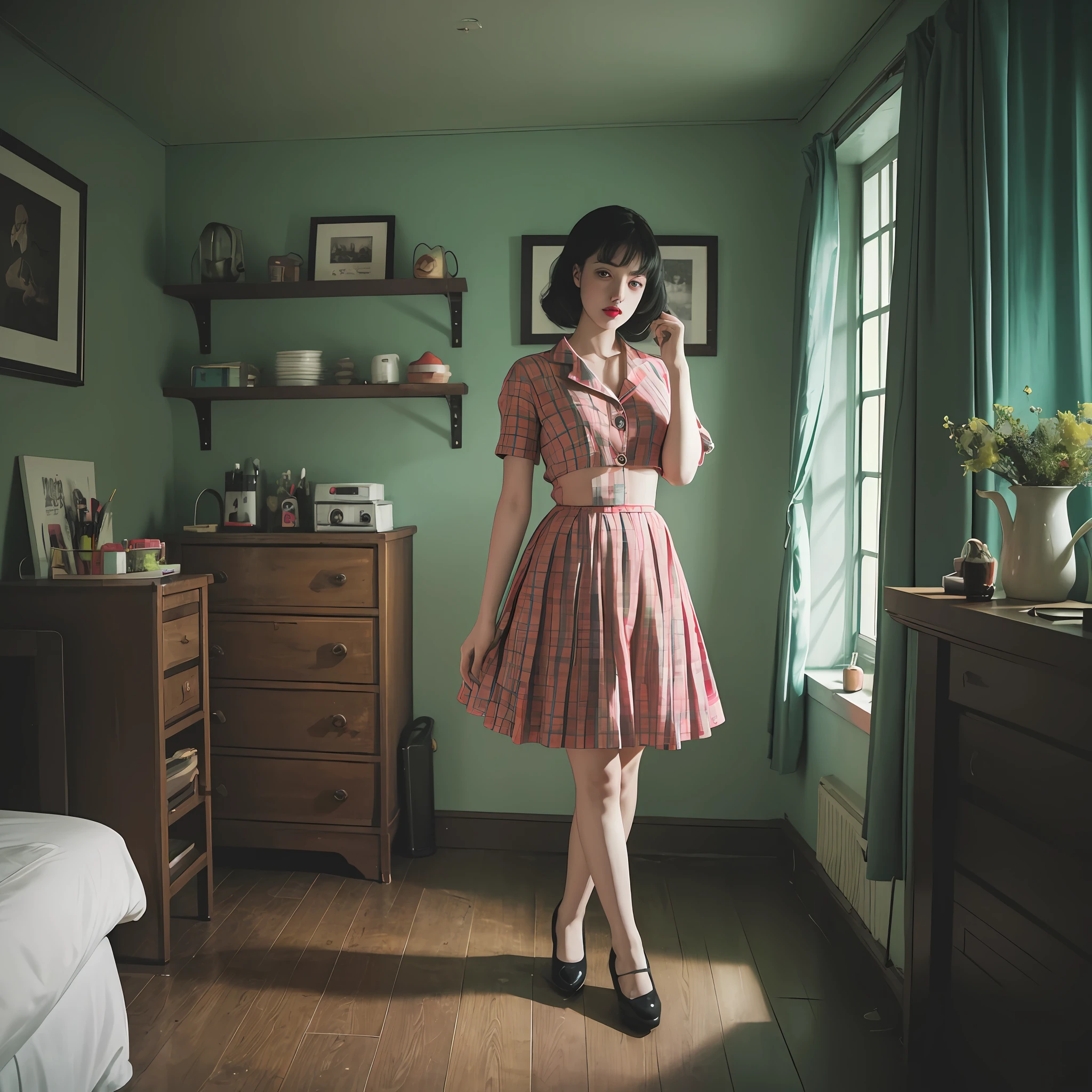 (best quality), (top quality), (dark), (full body), (melancholy), (sadness), (agony), (terror), (horror), (vibrant colors), (bright), (neon), (neon clothes), (realistic photo), (real photo), (full body) Woman PIN UP dark in a 1950s house. --auto --s2