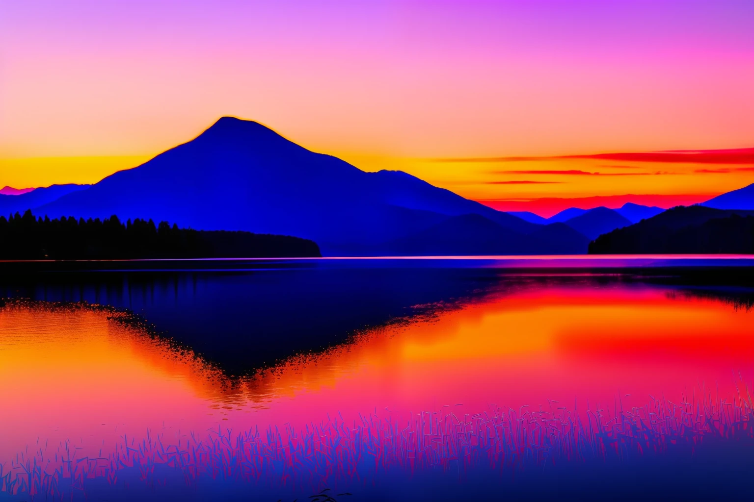 I want a tranquil landscape with a vibrant sunset and some mountains in the background.
I would like to see shades of orange, pink and purple.
I prefer tall, towering mountains.
I would like to have a lake with reflections of the sunset.