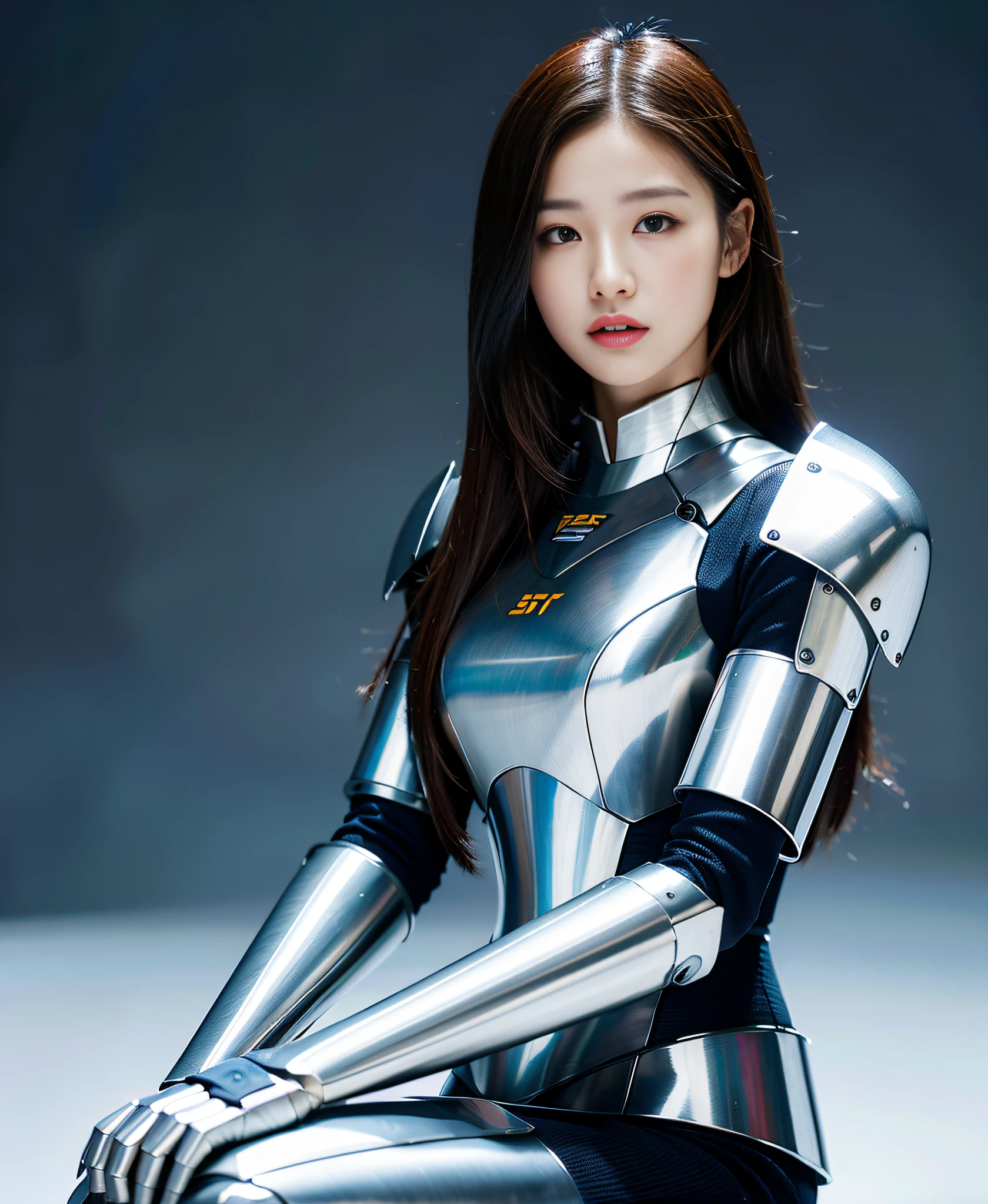 Beautiful Woman Face: 1.3, Mechanical Body: 1.5, Steel Armor, Silver Armor, Metal Armor, Robot, Online World Background: 1.5, 19 years old, 150mm, Long hair, Studio soft light, Vibrant details, Beautiful background, Octane rendering, 8k, Best Quality, Masterpiece, Illustrations, Extreme Beauty, Extreme Detail, CG, Unity, Wallpaper, Reality: 1.1, Realisticity: 1.37, Amazing Detail, Absurdismism, Master, Highest Quality, Official Art, Full Body Shooting, Sit