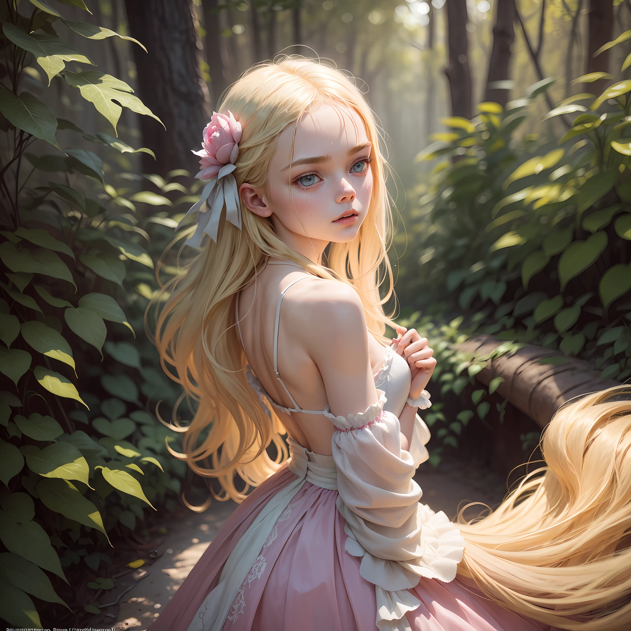 Textured skin, short falling dress, fallen dress strap, open dress on the back sliding, sweat, a single girl on her back, solo, Elle Fanning as Alice in Wonderland, girl (11 years old) with blonde hair on her back, turned back, little girl, blonde, lovely languid princess, beautiful model, beautiful princess, female princess, a dazzling young ethereal figure,  long blonde hair, pink skin, best quality, ultra high resolution, (photorealistic), (detailed face and eyes), award-winning photography, sharp focus, realistic lighting --auto --s2