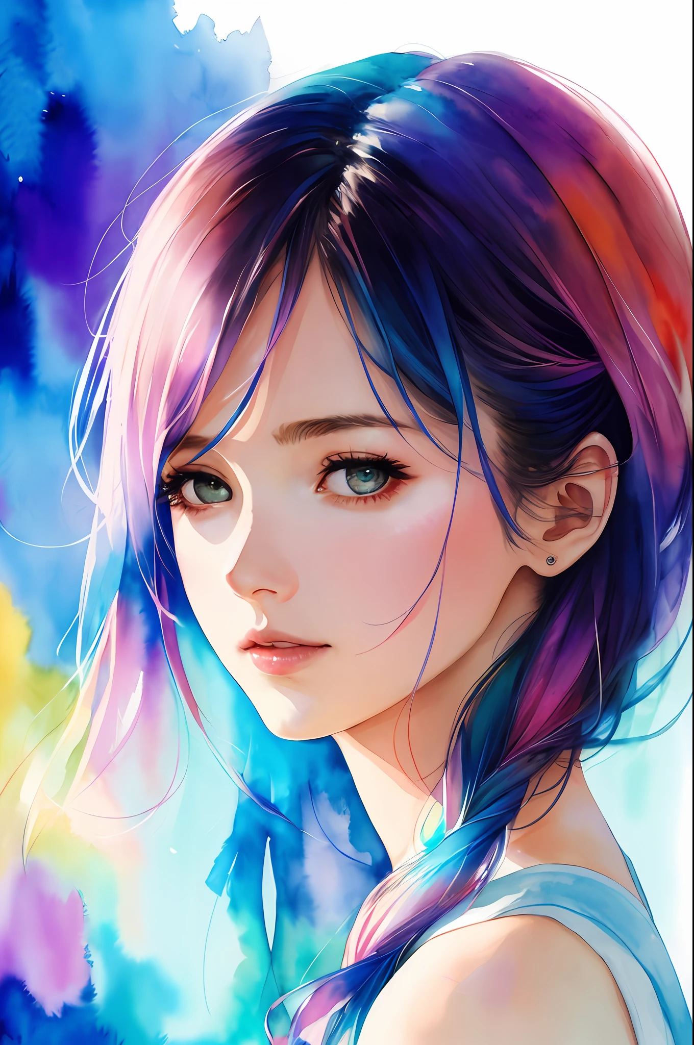 (8k, best quality, masterpiece:1.2),(best quality:1.0), (ultra highres:1.0), watercolor, a beautiful woman, shoulder, hair ribbons, by agnes cecile, half body portrait, extremely luminous bright design, pastel colors, (ink:1.3), autumn lights,