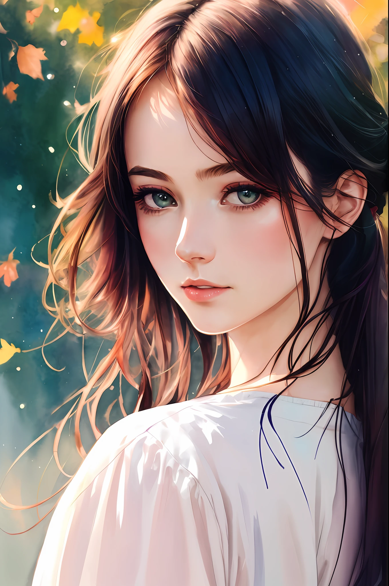 (8k, best quality, masterpiece:1.2),(best quality:1.0), (ultra highres:1.0), watercolor, a beautiful woman, shoulder, hair ribbons, by agnes cecile, half body portrait, extremely luminous bright design, pastel colors, (ink:1.3), autumn lights,