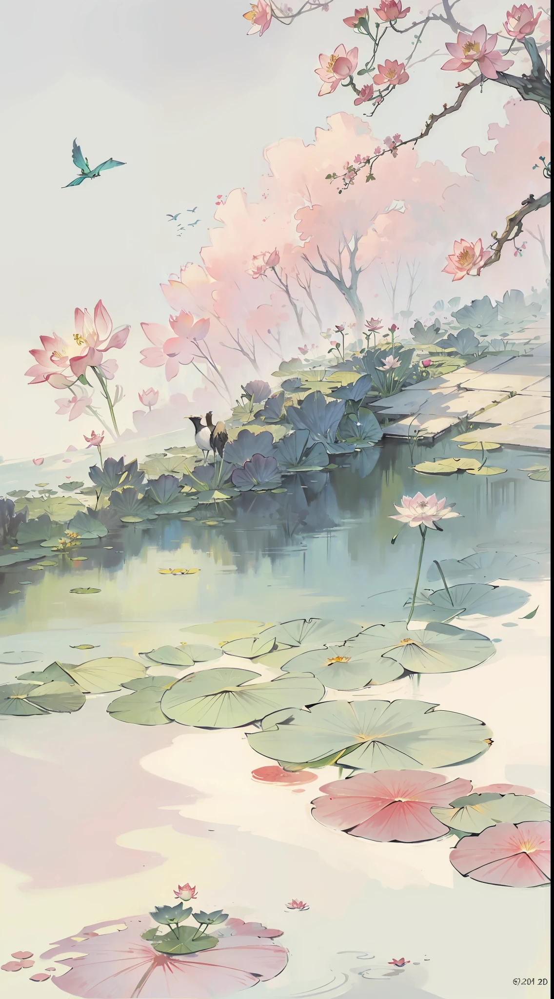 On the wall there is a painting of flowers and birds with a lotus flower