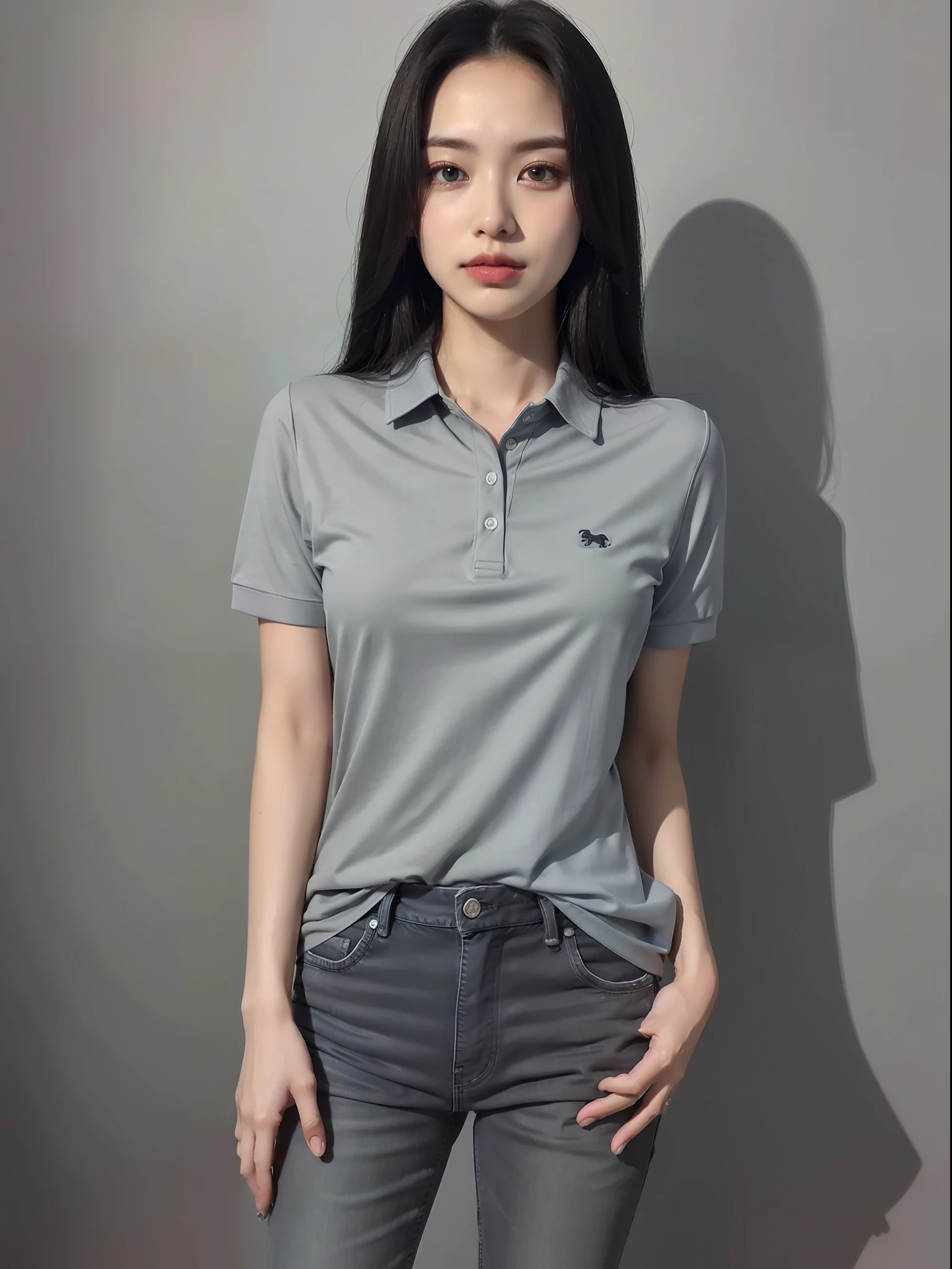 Dark gray polo shirt with jeans.
